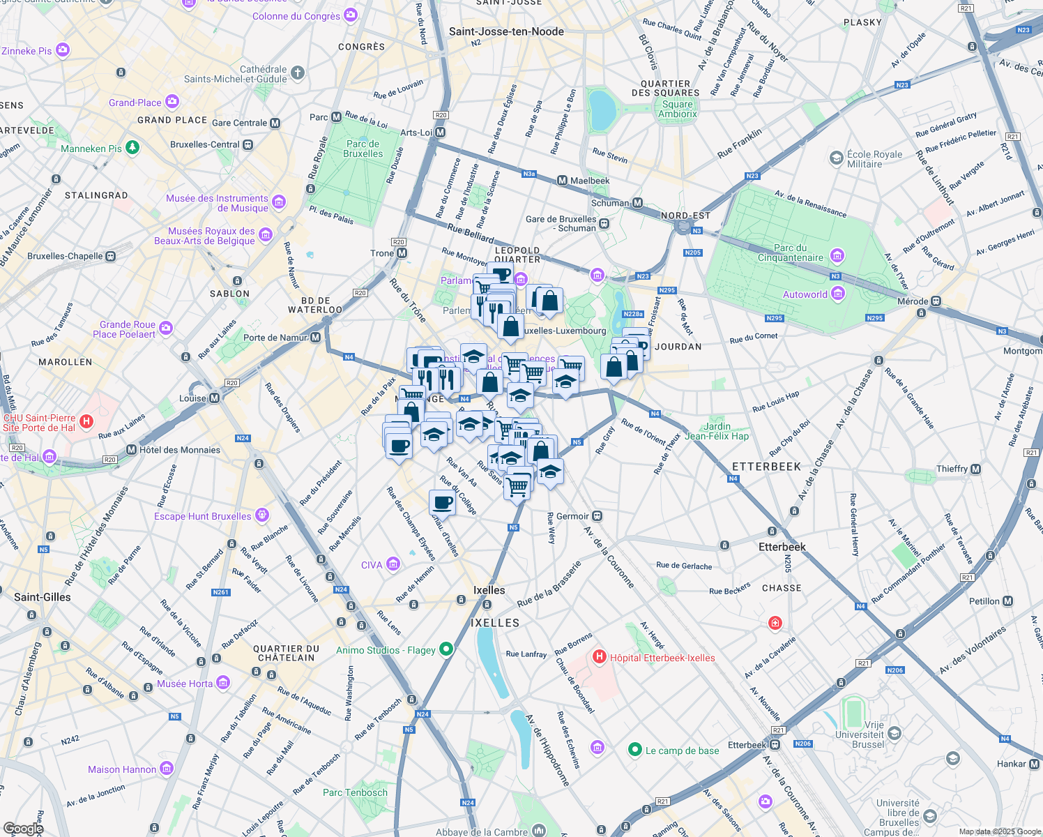 map of restaurants, bars, coffee shops, grocery stores, and more near 133 Rue du Viaduc in Ixelles