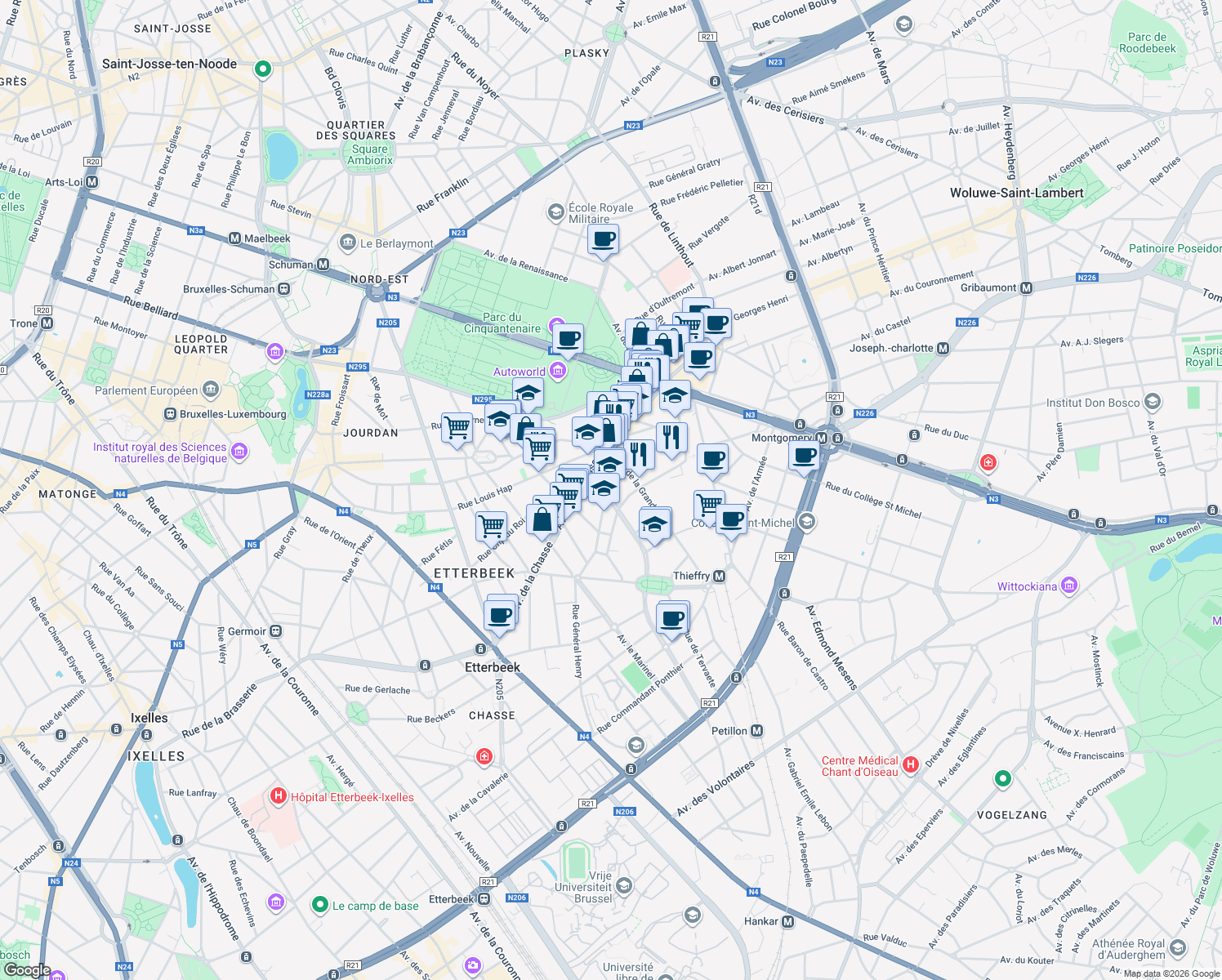 map of restaurants, bars, coffee shops, grocery stores, and more near 2 Avenue Edouard de Thibault in Etterbeek
