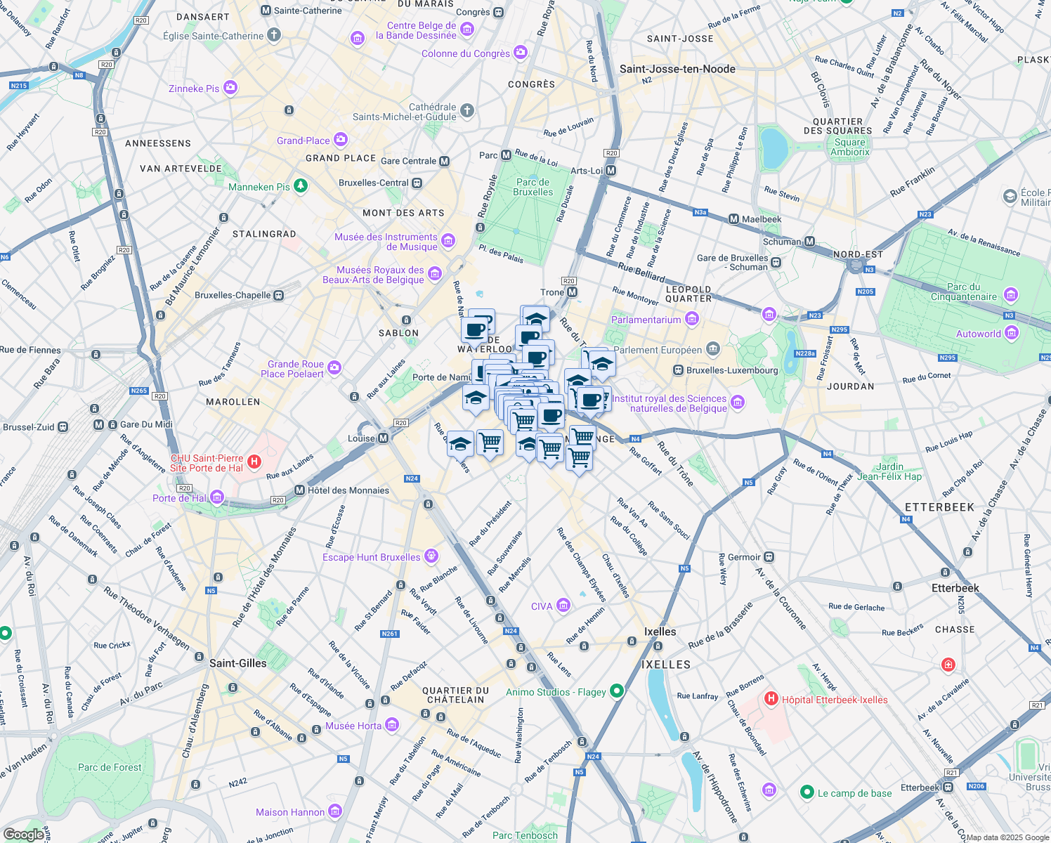 map of restaurants, bars, coffee shops, grocery stores, and more near 11 Rue Francart in Ixelles