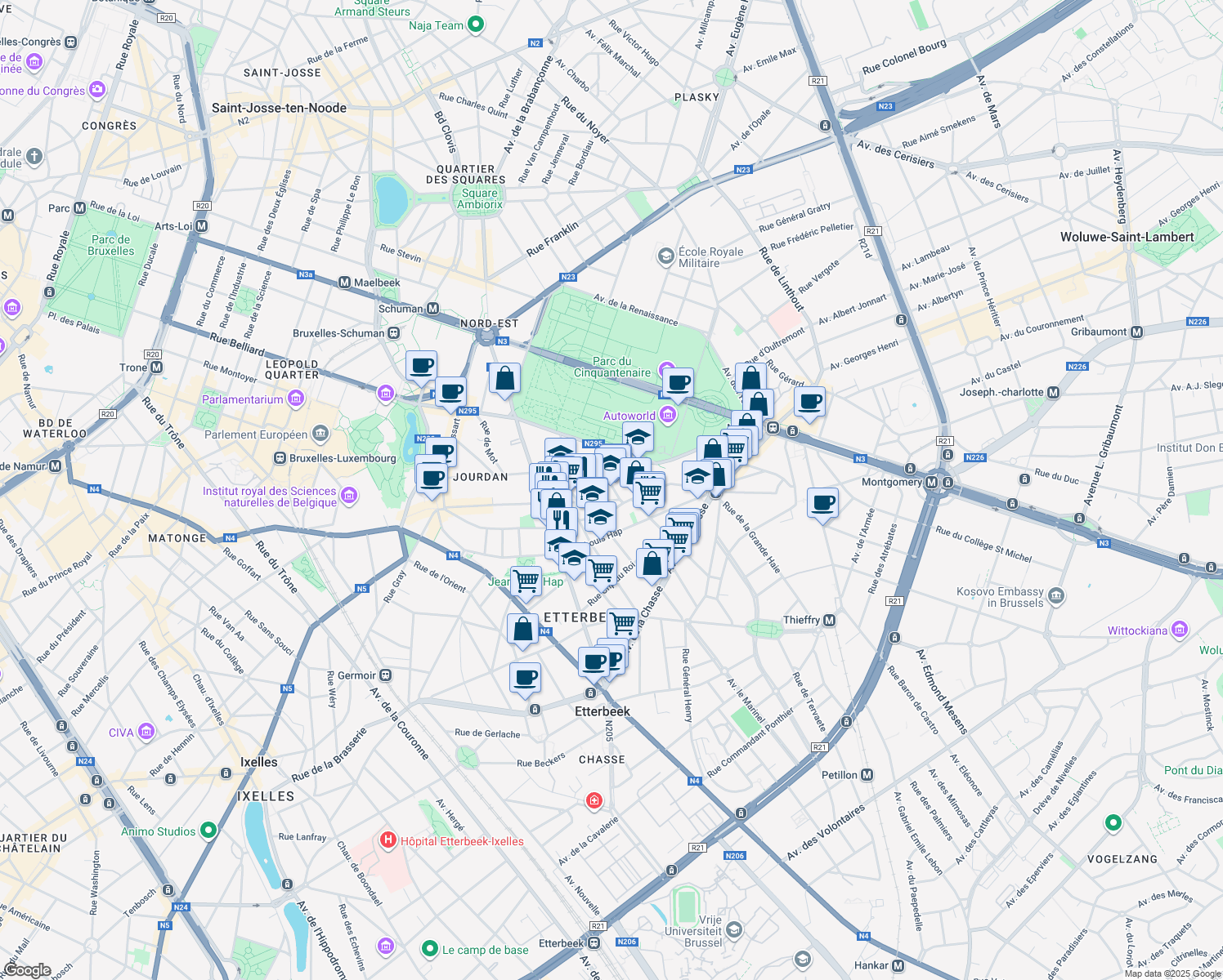 map of restaurants, bars, coffee shops, grocery stores, and more near 11 Rue Félix Hap in Etterbeek