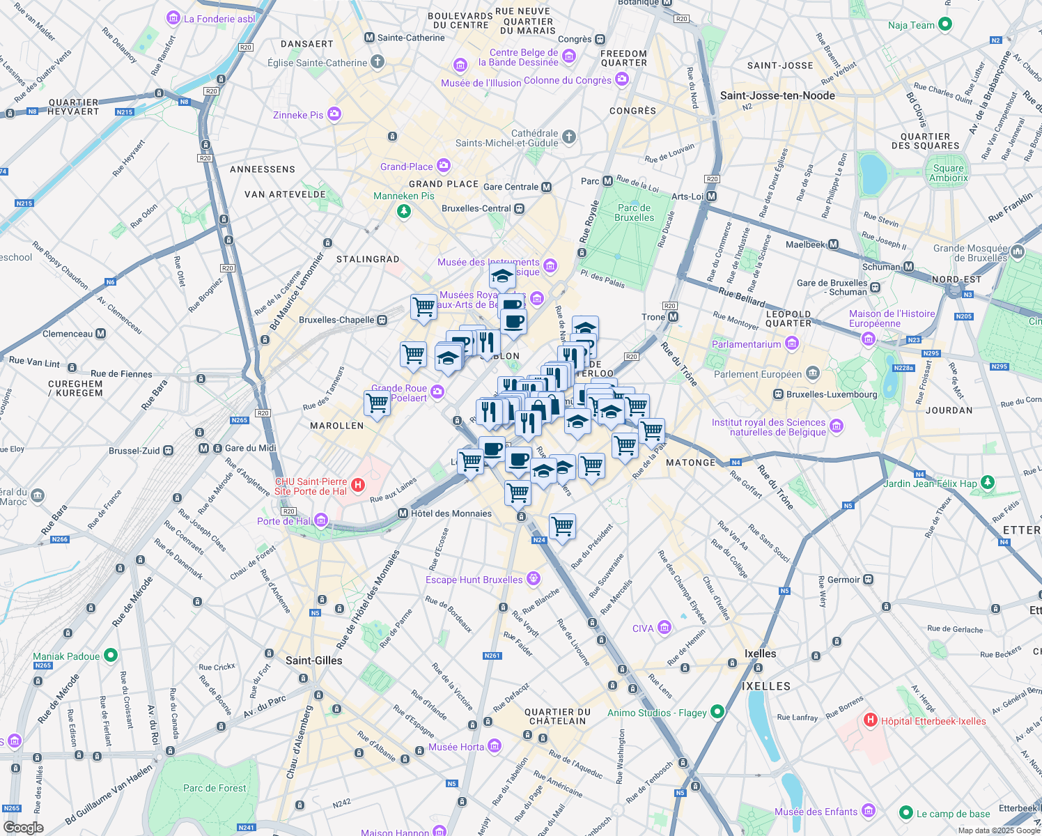 map of restaurants, bars, coffee shops, grocery stores, and more near 38 Boulevard de Waterloo in Bruxelles