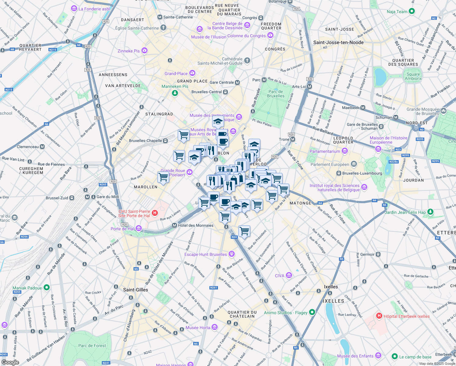 map of restaurants, bars, coffee shops, grocery stores, and more near 38 Boulevard de Waterloo in Bruxelles
