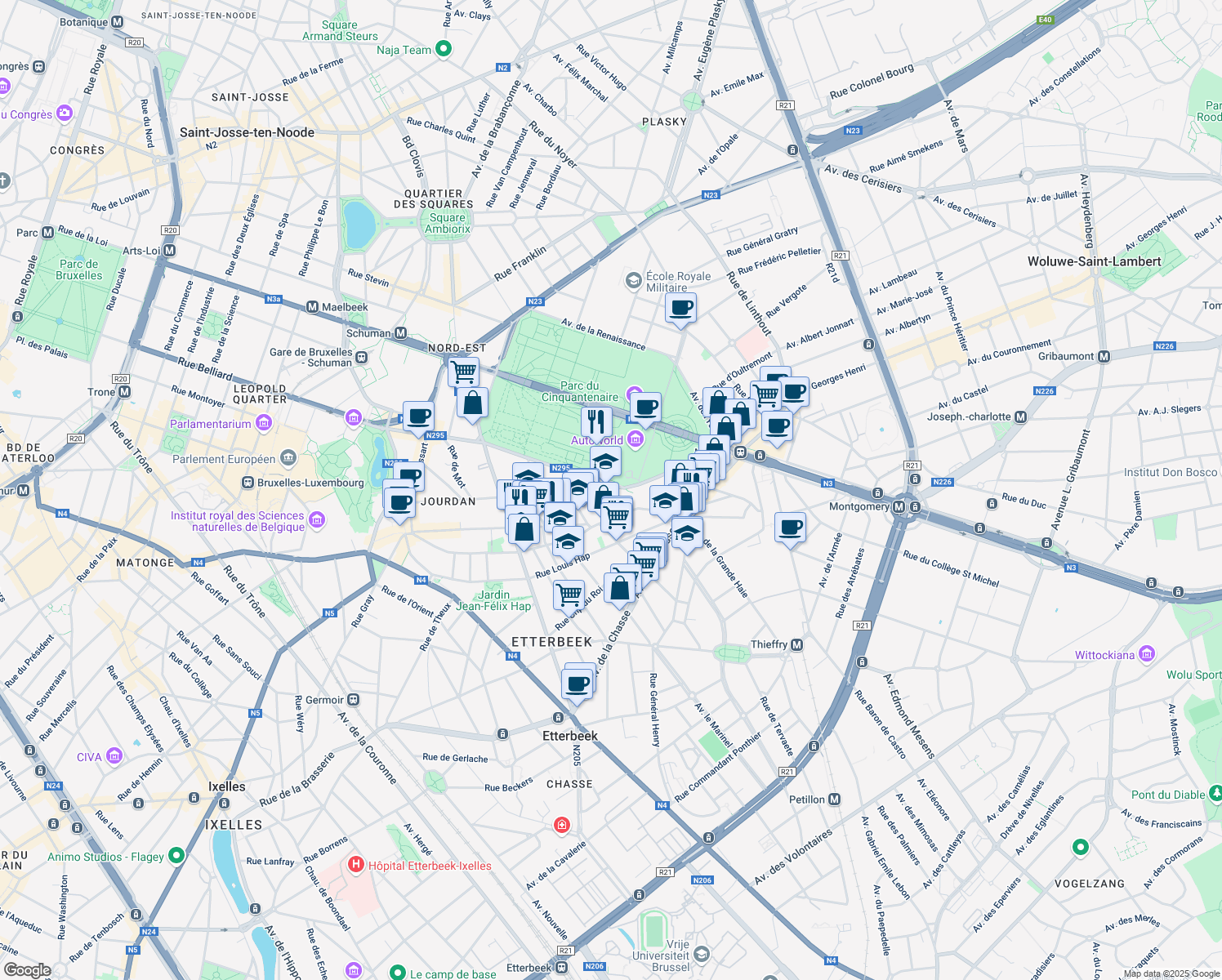 map of restaurants, bars, coffee shops, grocery stores, and more near 117 Avenue des Nerviens in Etterbeek
