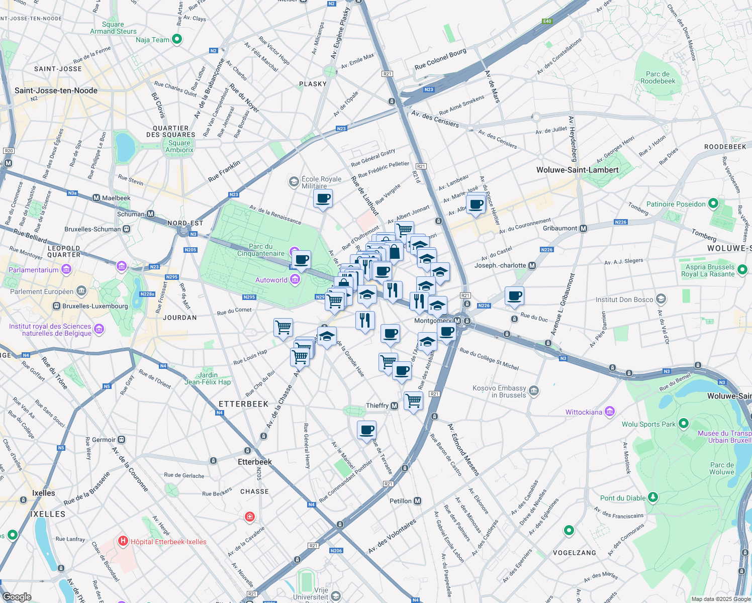 map of restaurants, bars, coffee shops, grocery stores, and more near Cours Saint Michel in Etterbeek