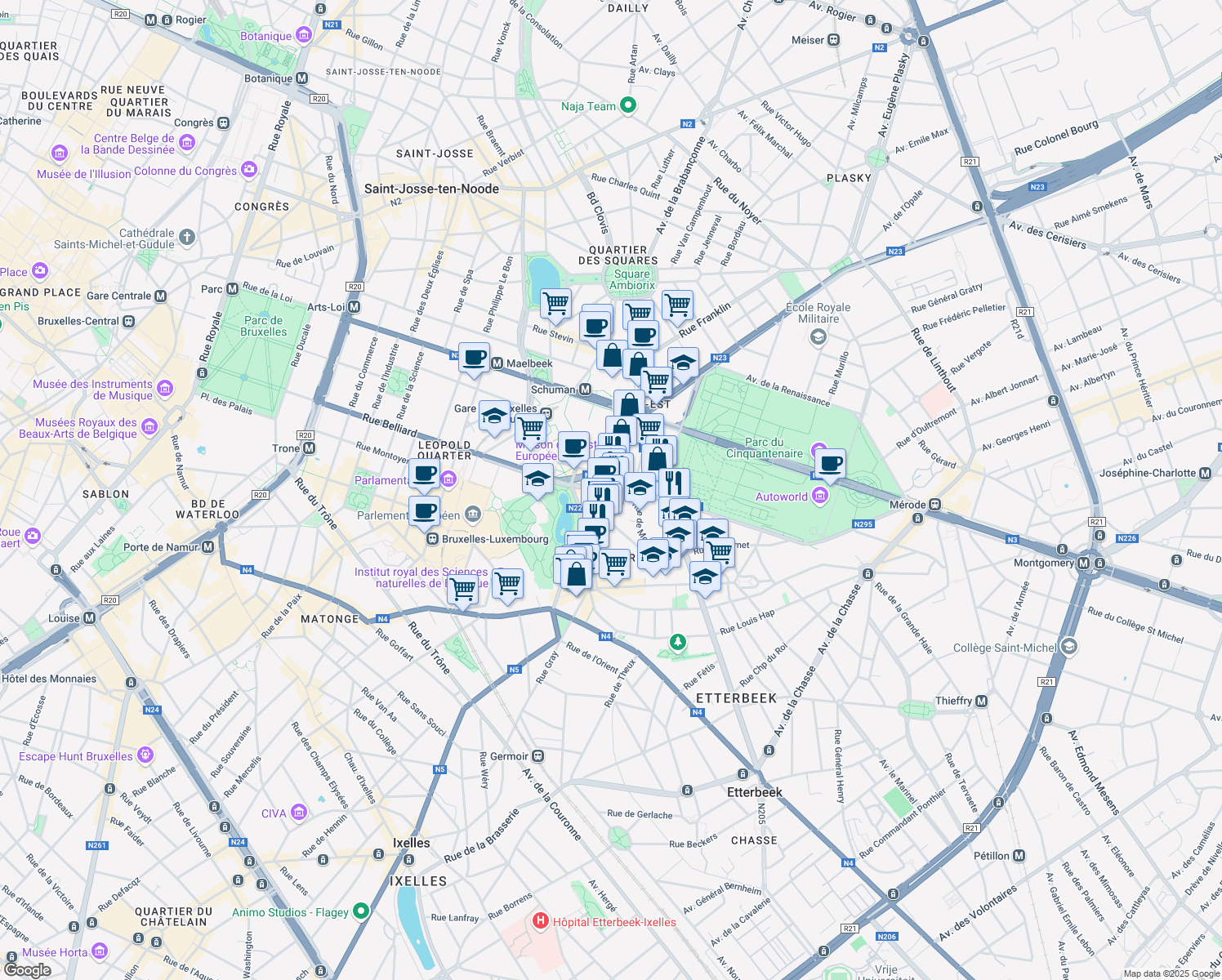 map of restaurants, bars, coffee shops, grocery stores, and more near 38 Rue Froissart in Etterbeek