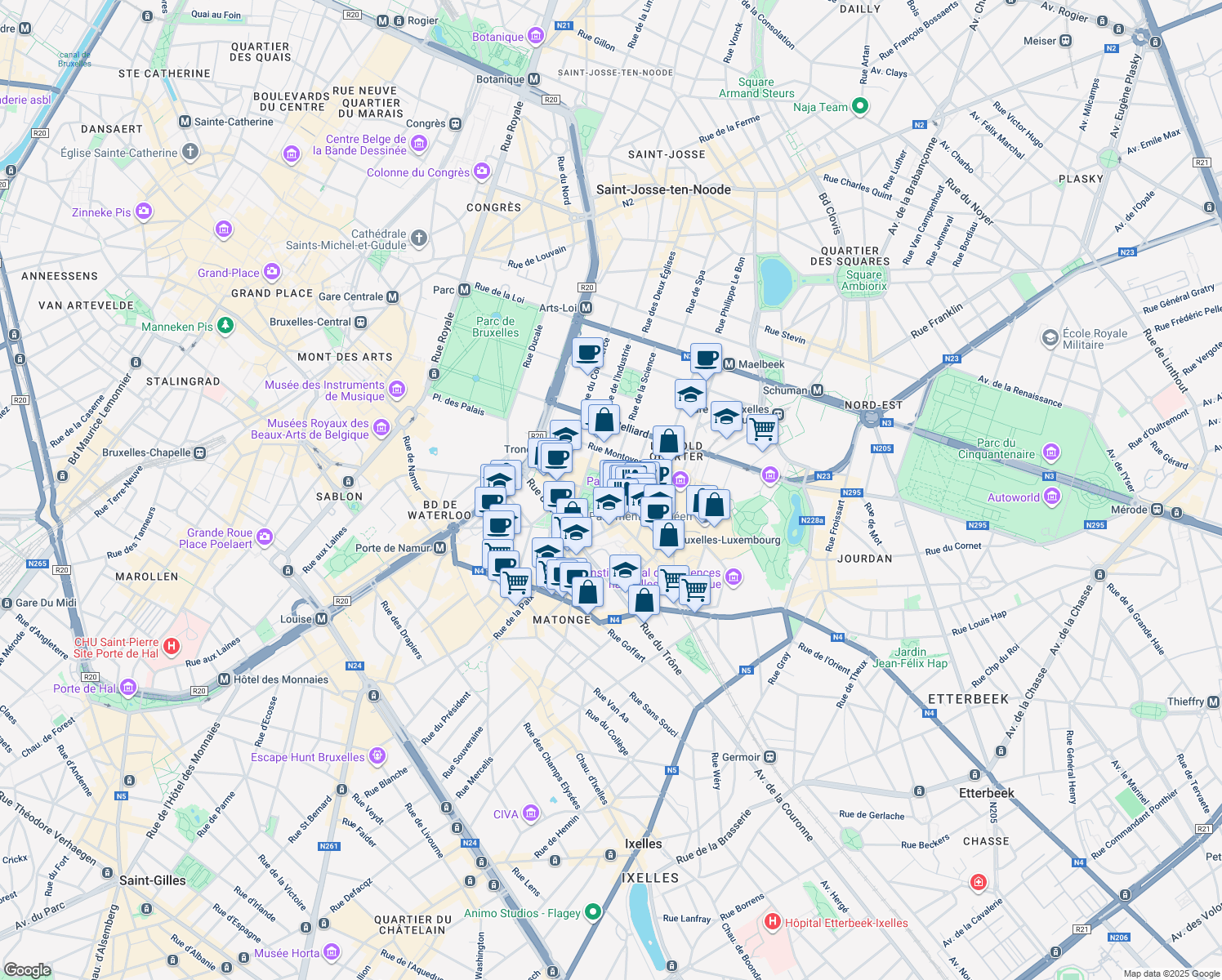 map of restaurants, bars, coffee shops, grocery stores, and more near 23 Square de Meeûs in Brussels