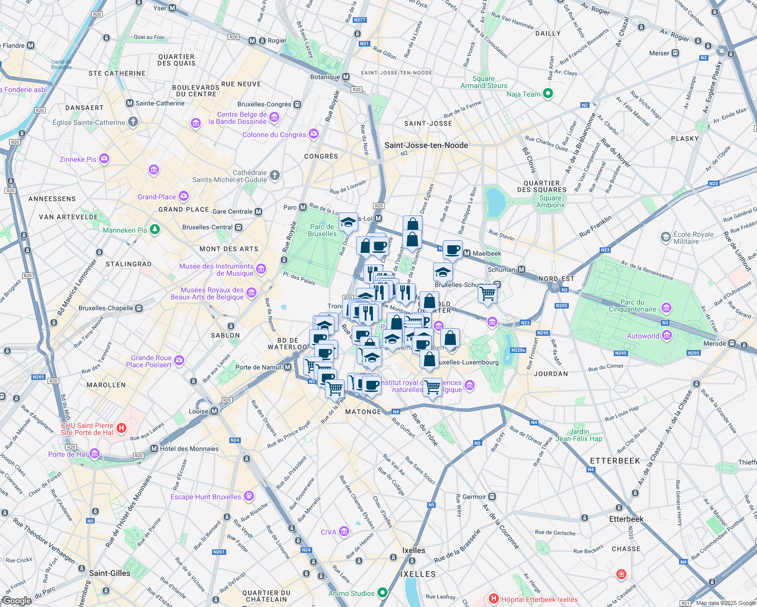 map of restaurants, bars, coffee shops, grocery stores, and more near 21 Montoyerstraat in Brussel