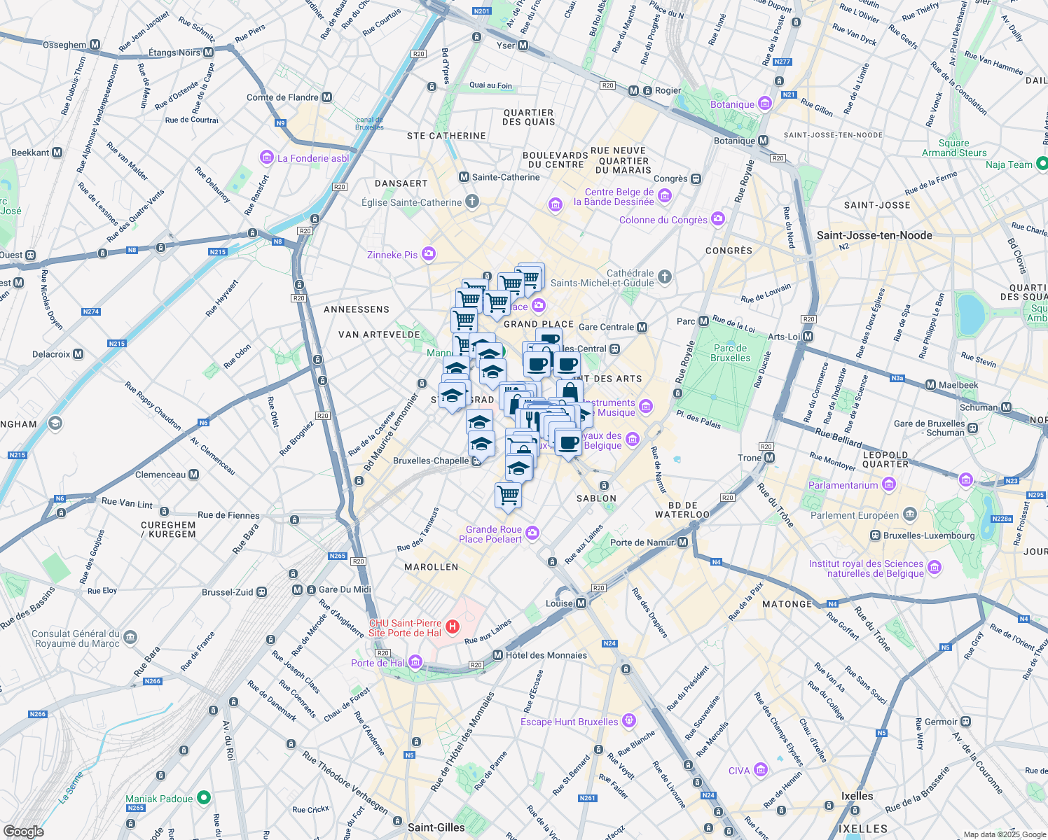 map of restaurants, bars, coffee shops, grocery stores, and more near in Brussels
