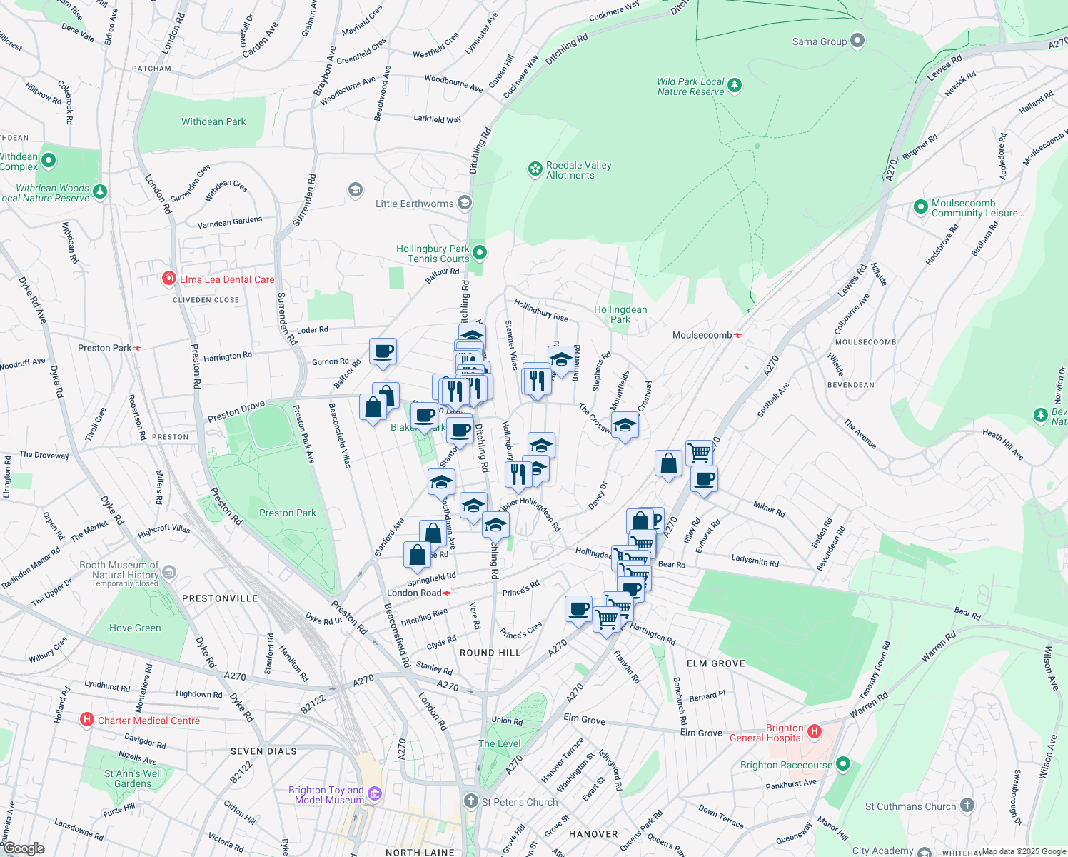 map of restaurants, bars, coffee shops, grocery stores, and more near 70 Hollingdean Terrace in Brighton