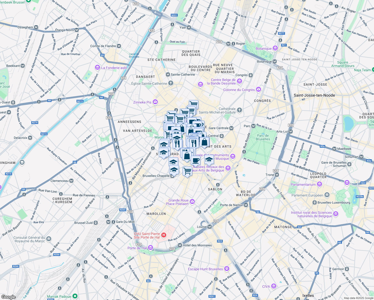 map of restaurants, bars, coffee shops, grocery stores, and more near 5 Rue de Villers in Bruxelles