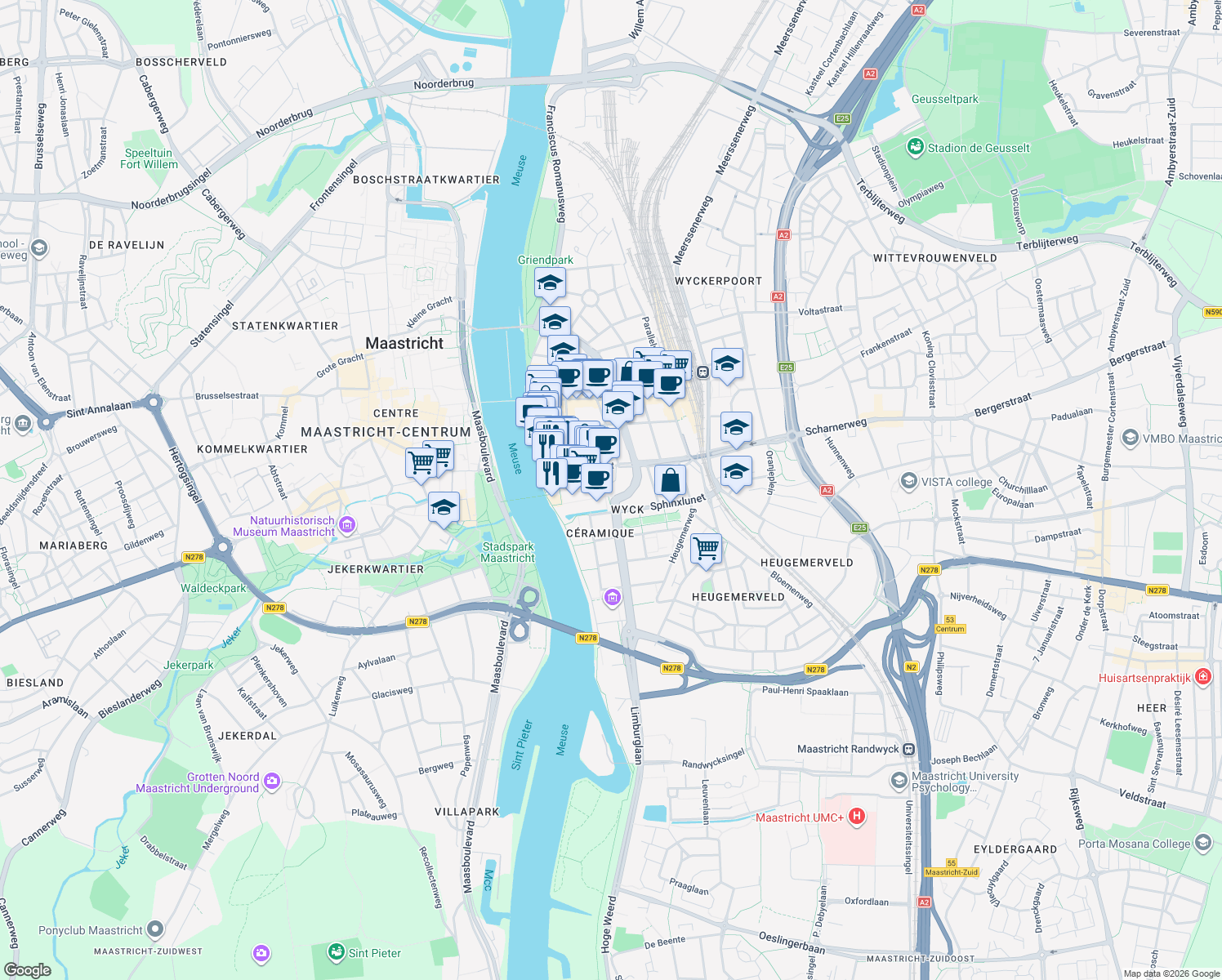 map of restaurants, bars, coffee shops, grocery stores, and more near 22C Avenue Ceramique in Maastricht