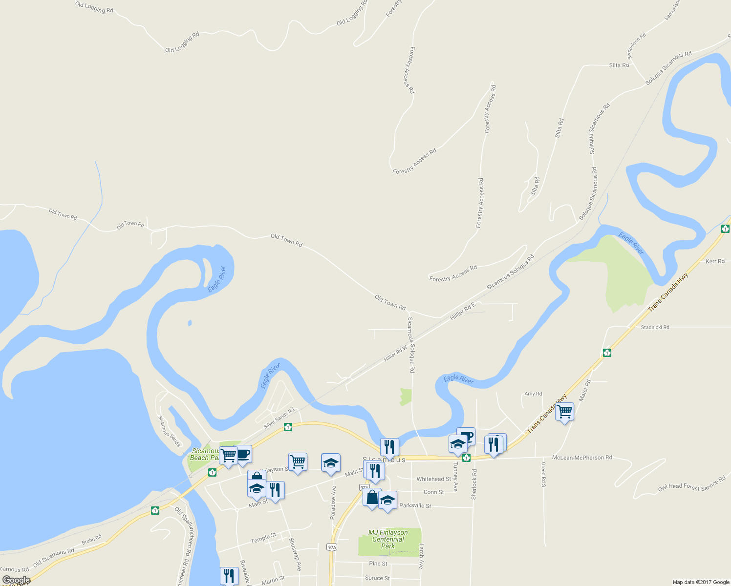 map of restaurants, bars, coffee shops, grocery stores, and more near 501 Old Town Road in Sicamous