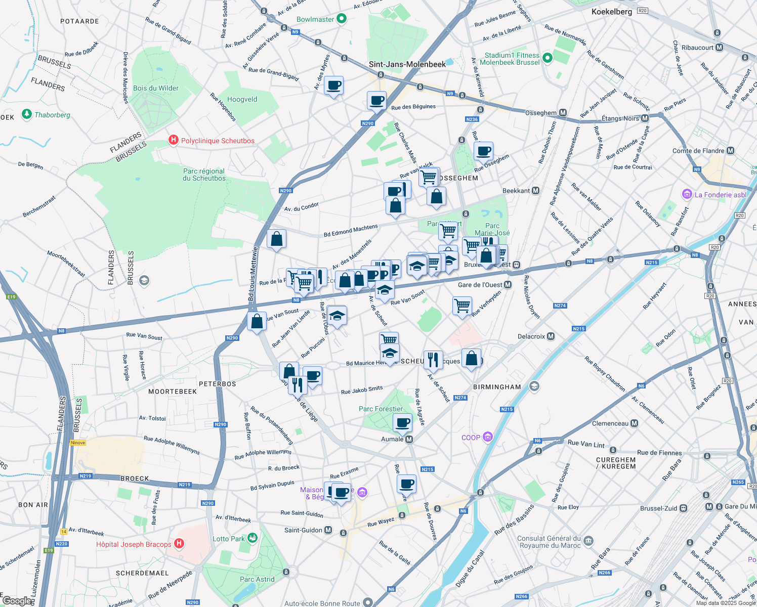 map of restaurants, bars, coffee shops, grocery stores, and more near 109 Rue Van Soust in Anderlecht