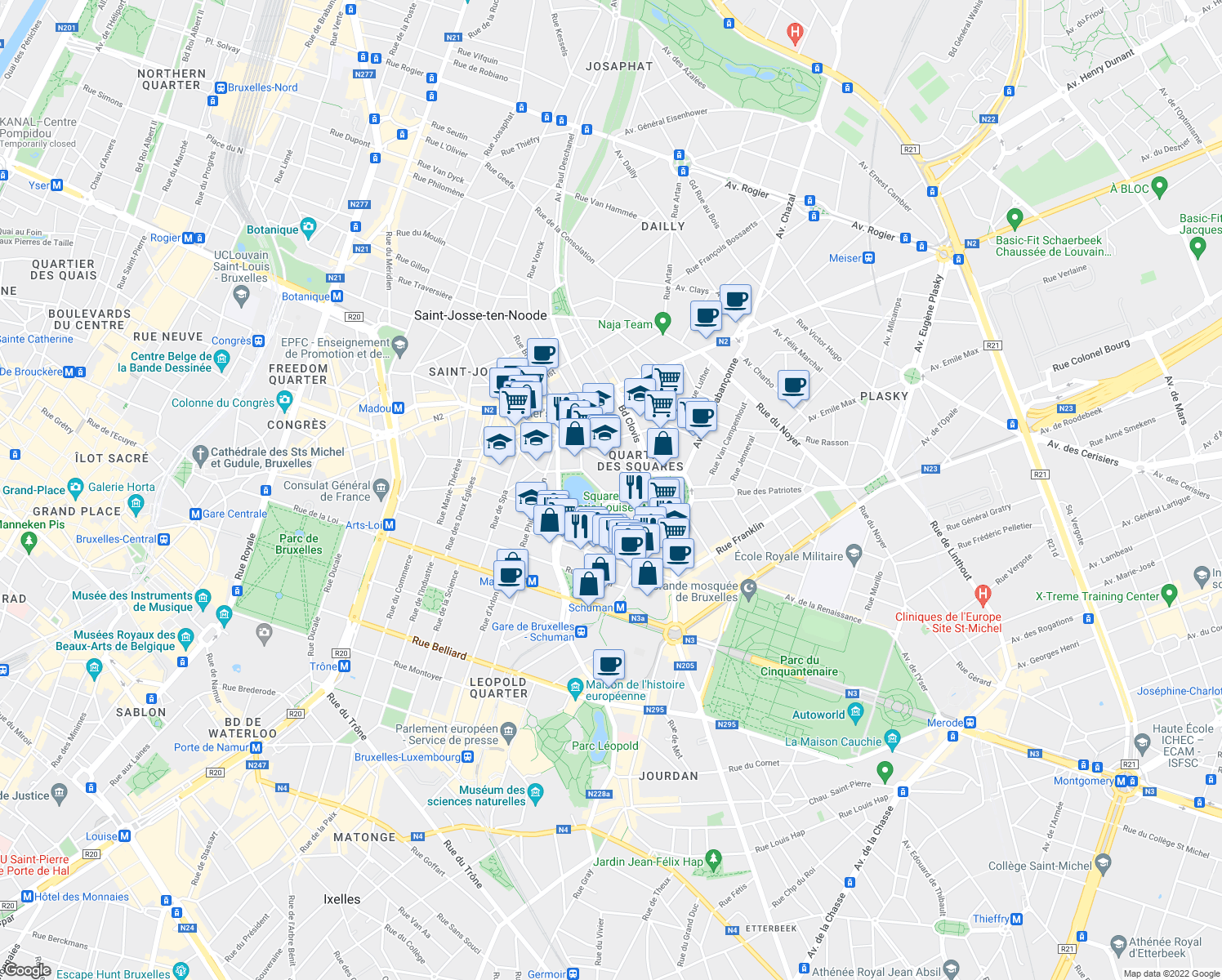 map of restaurants, bars, coffee shops, grocery stores, and more near 4 Avenue Palmerston in City of Brussels