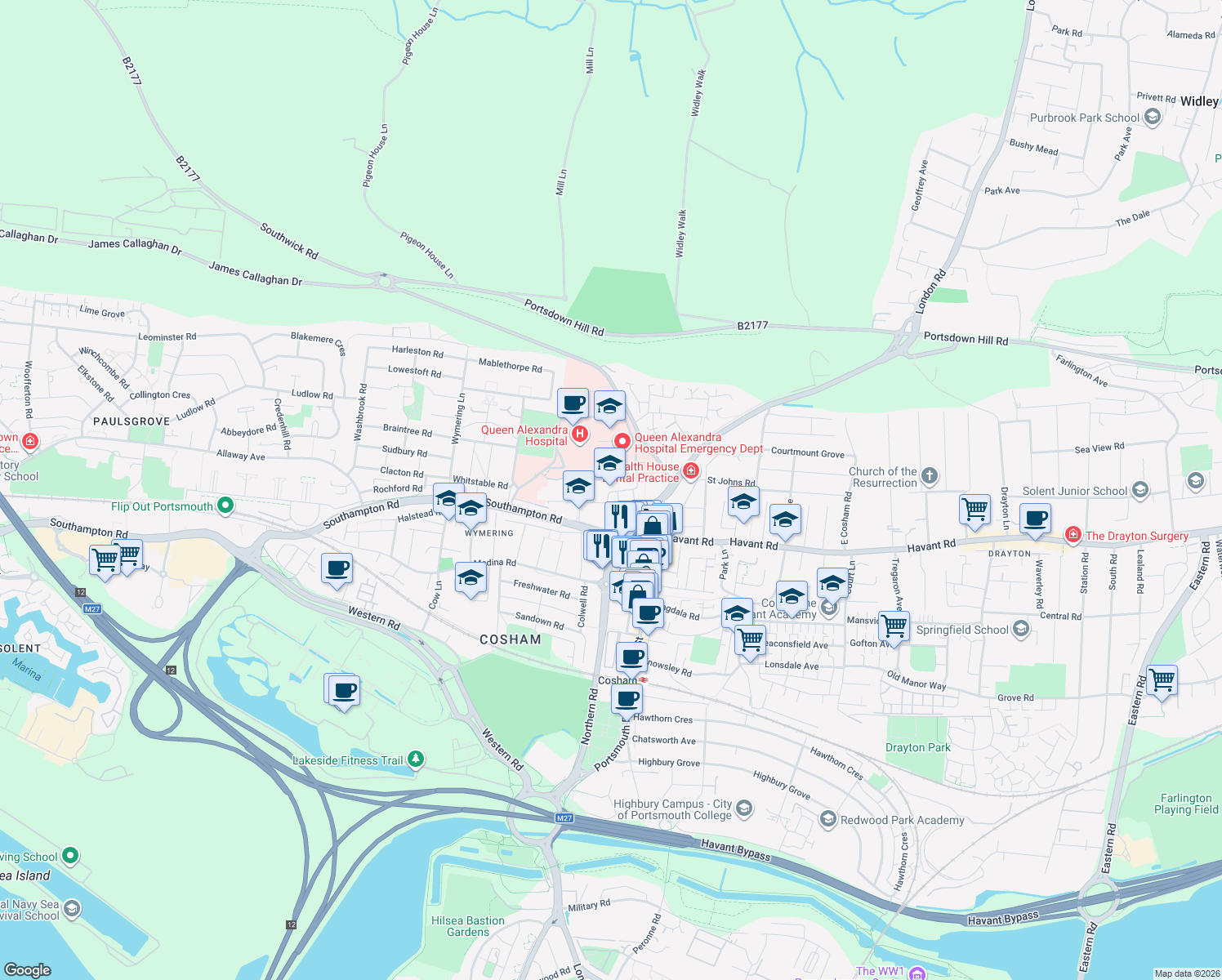 map of restaurants, bars, coffee shops, grocery stores, and more near Lister Road in Portsmouth