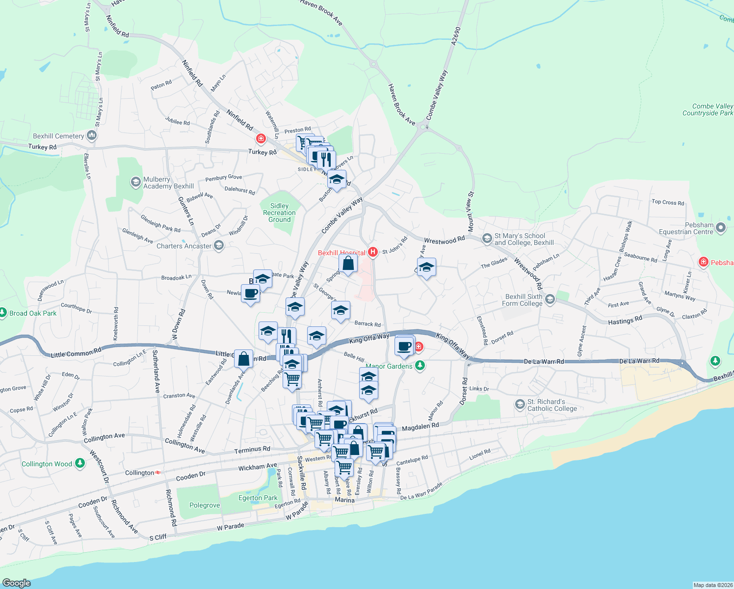 map of restaurants, bars, coffee shops, grocery stores, and more near Hollier's Hill in Bexhill