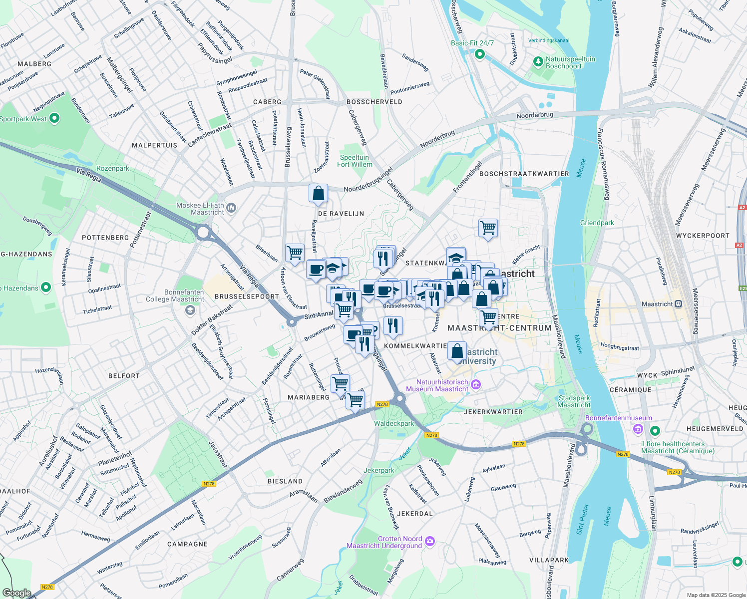 map of restaurants, bars, coffee shops, grocery stores, and more near 186 Herbenusstraat in Maastricht