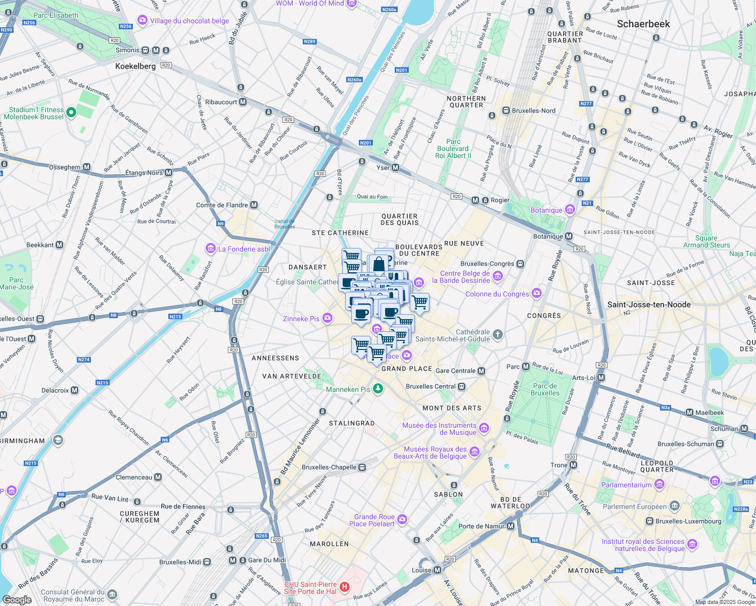 map of restaurants, bars, coffee shops, grocery stores, and more near 14 Rue des Halles in Bruxelles