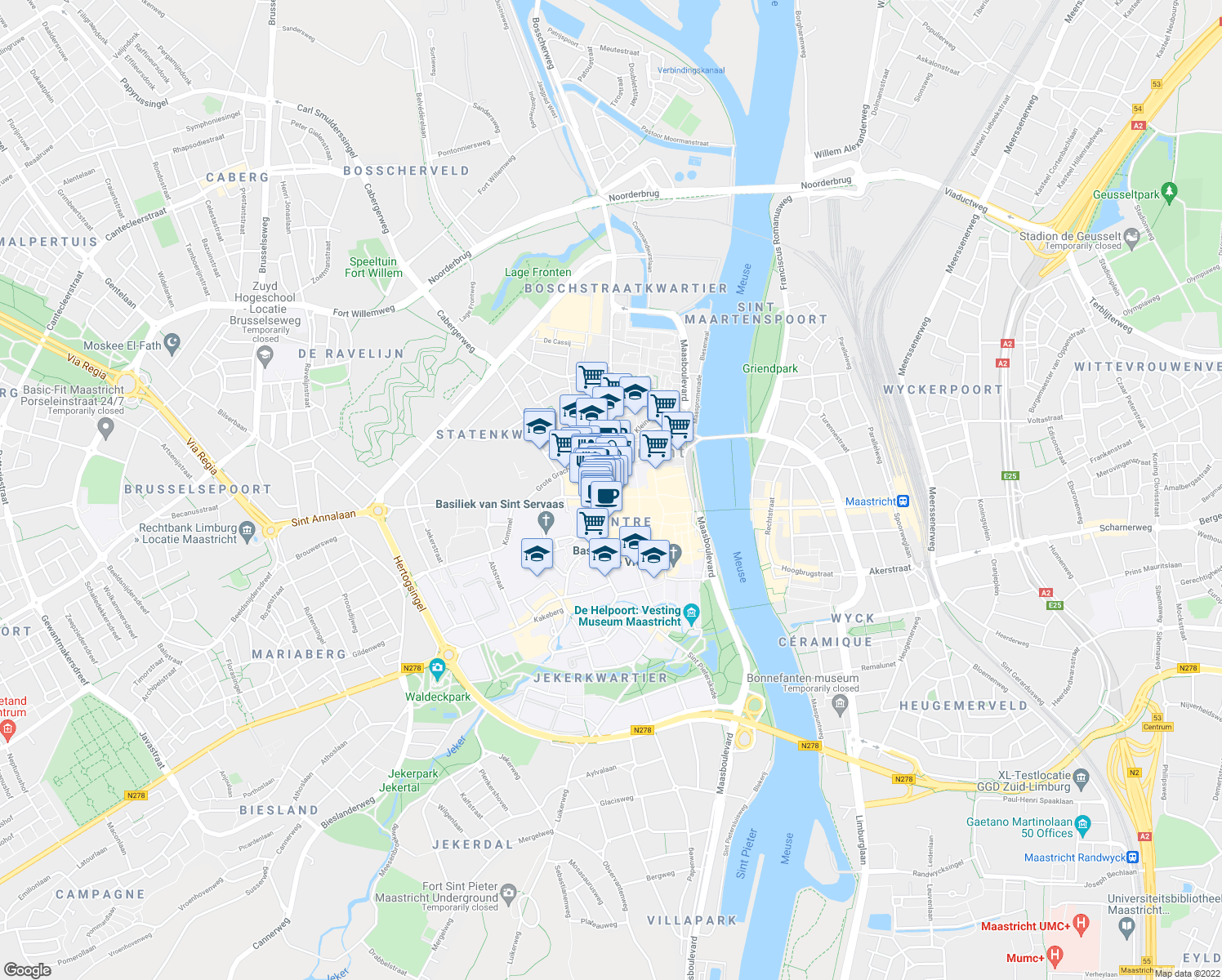 map of restaurants, bars, coffee shops, grocery stores, and more near 1 Dominicanerkerkstraat in Maastricht