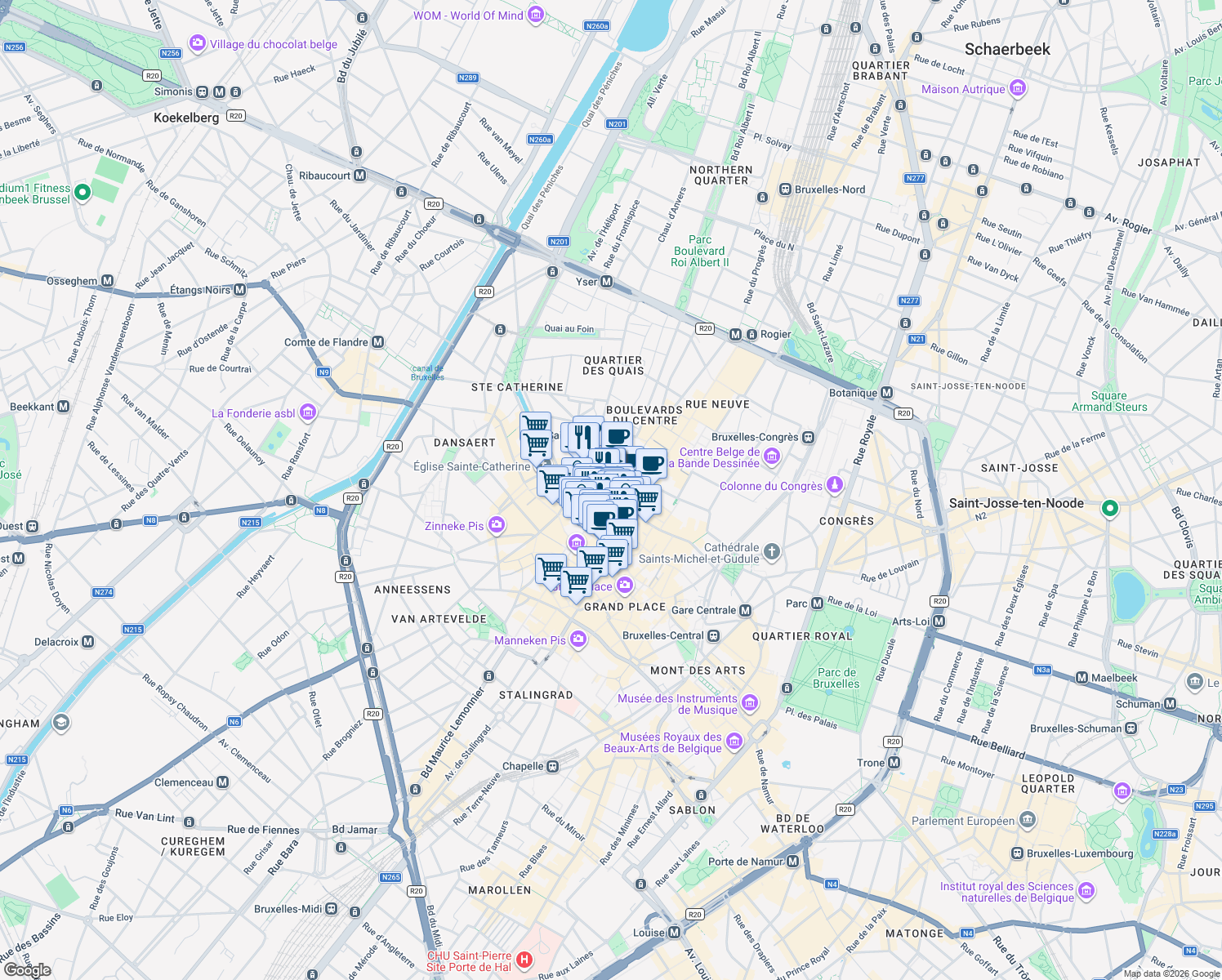 map of restaurants, bars, coffee shops, grocery stores, and more near in Brussels