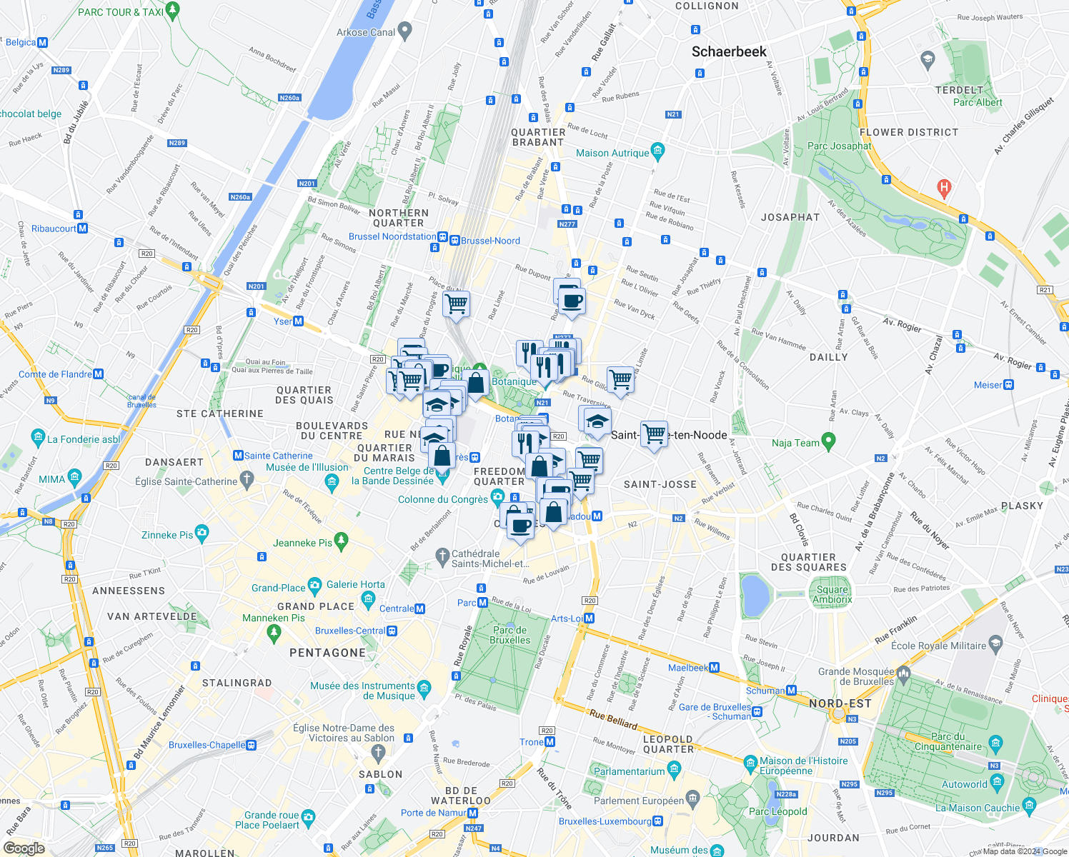 map of restaurants, bars, coffee shops, grocery stores, and more near Kruidtuinlaan in Brussel