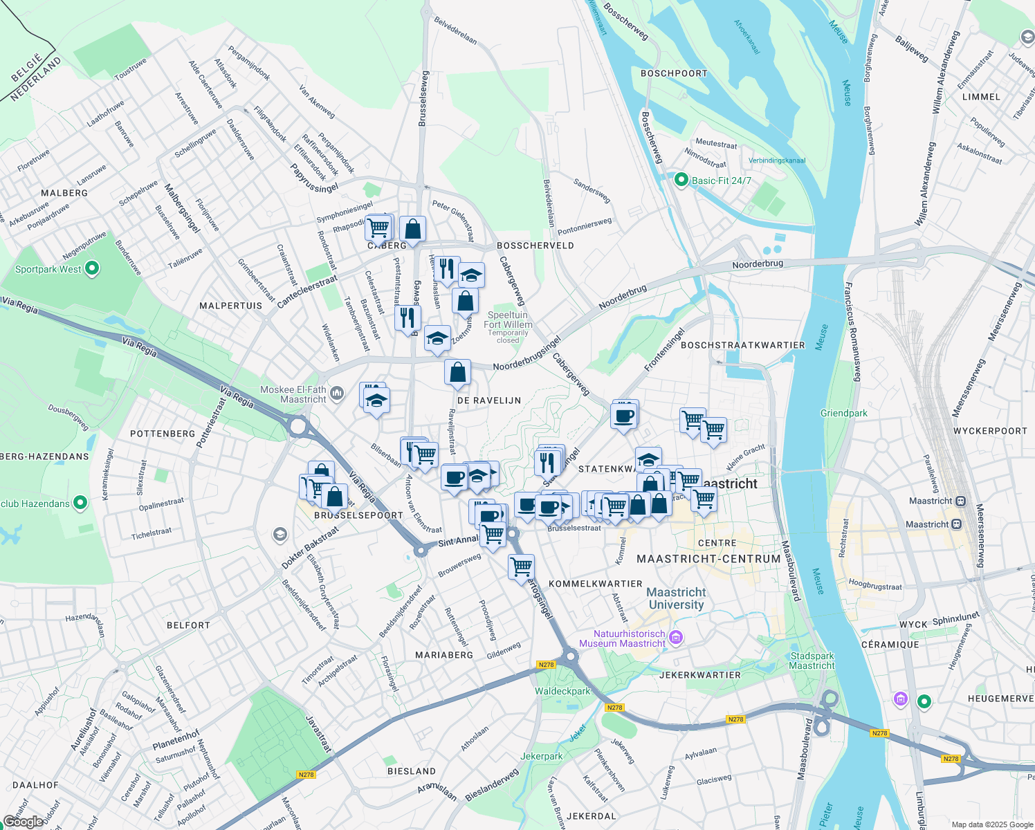 map of restaurants, bars, coffee shops, grocery stores, and more near Hoge Frontenpad in Maastricht