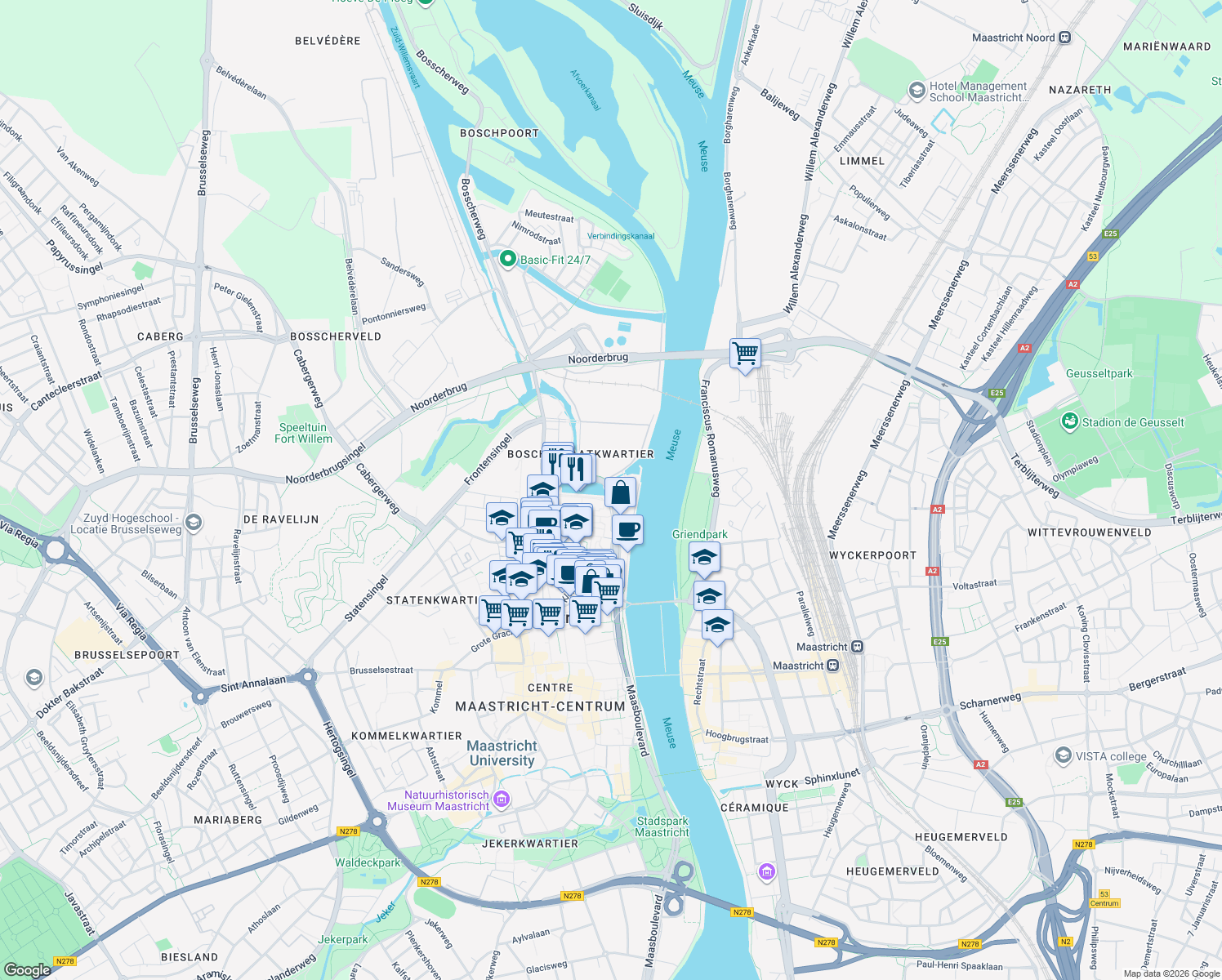 map of restaurants, bars, coffee shops, grocery stores, and more near 2 Maasmolendijk in Maastricht