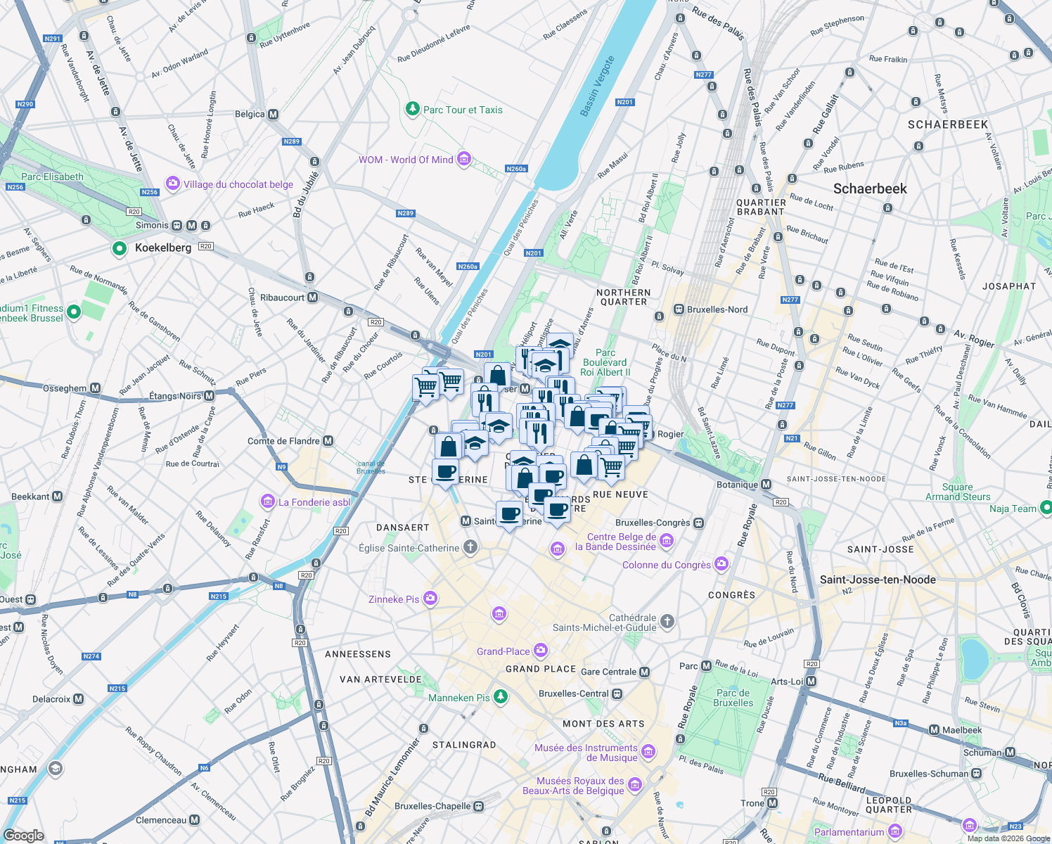 map of restaurants, bars, coffee shops, grocery stores, and more near 9 Rue Van Gaver in Bruxelles