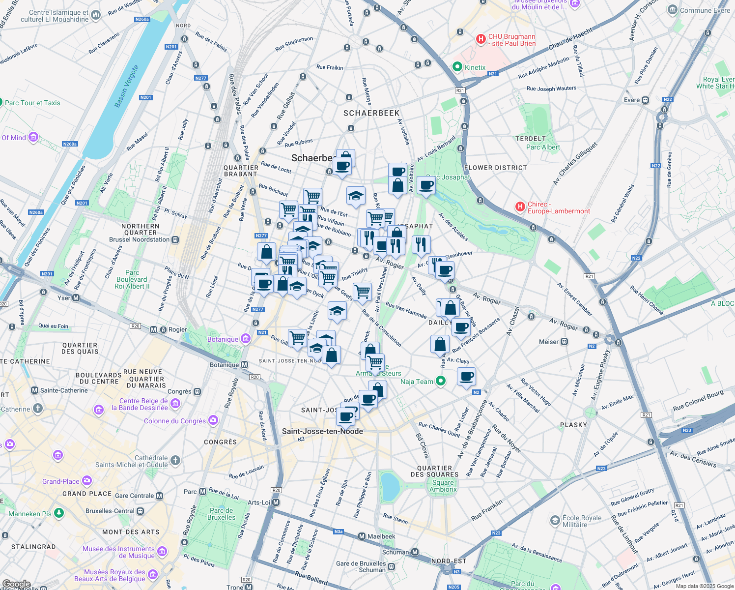 map of restaurants, bars, coffee shops, grocery stores, and more near 20 Rue Roelandts in Schaerbeek
