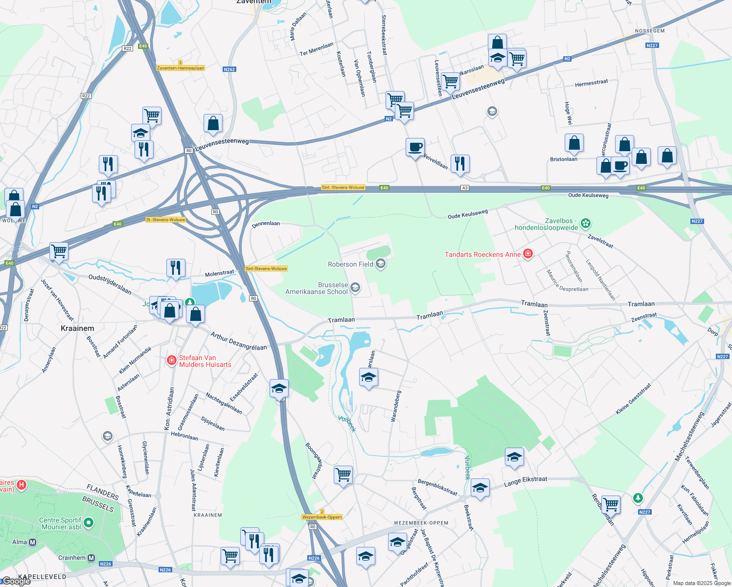 map of restaurants, bars, coffee shops, grocery stores, and more near 1 J.F. Kennedylaan in Zaventem