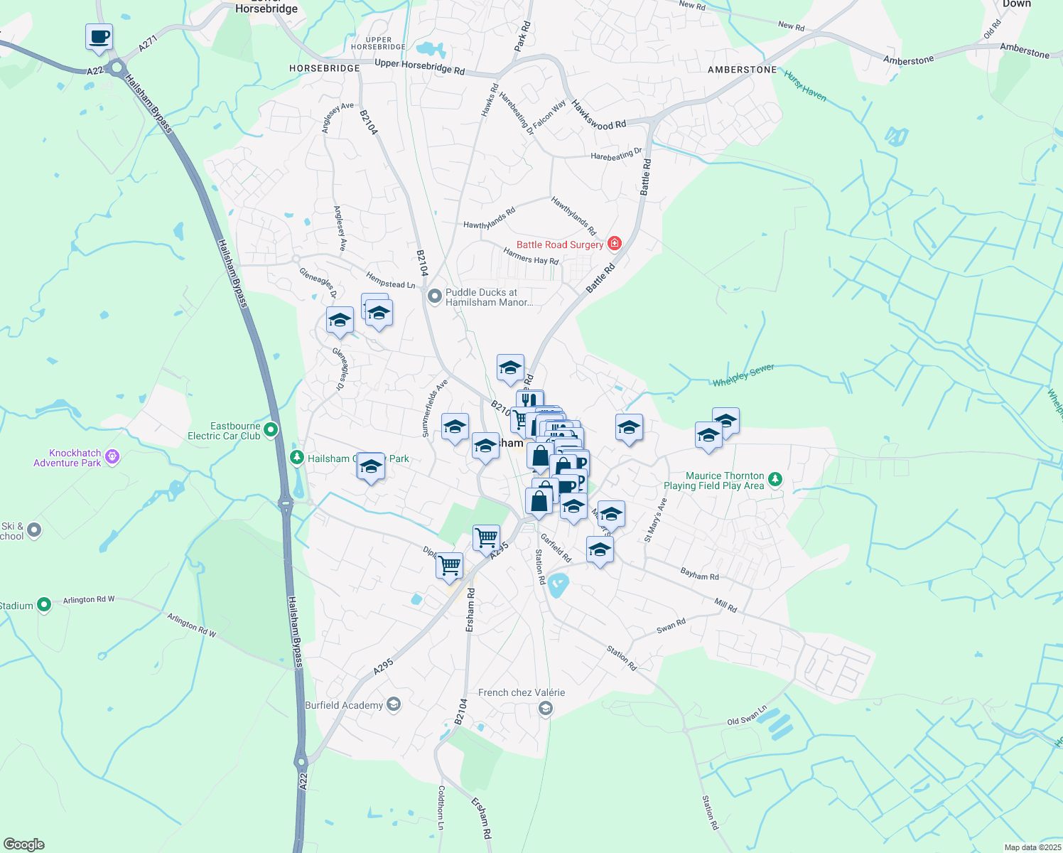 map of restaurants, bars, coffee shops, grocery stores, and more near 80 High Street in East Sussex
