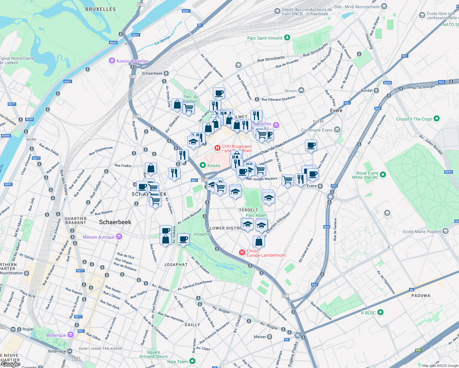 map of restaurants, bars, coffee shops, grocery stores, and more near 47 Rue Guillaume Kennis in Schaerbeek