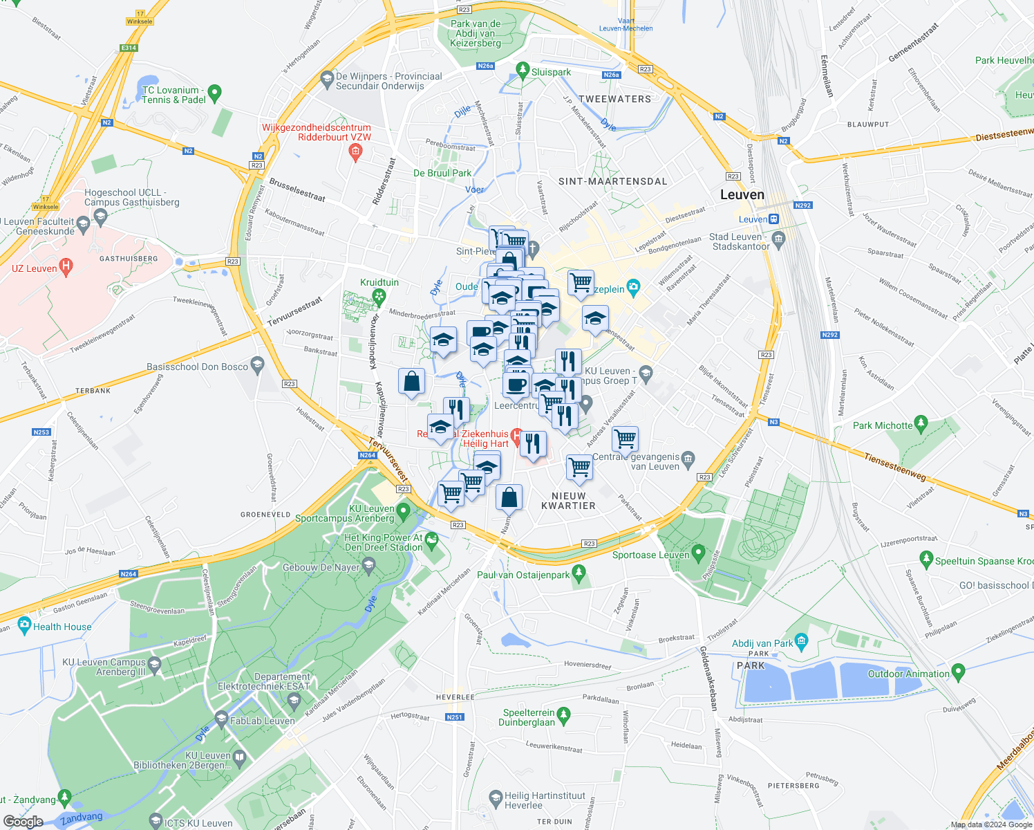 map of restaurants, bars, coffee shops, grocery stores, and more near 96 Naamsestraat in Leuven