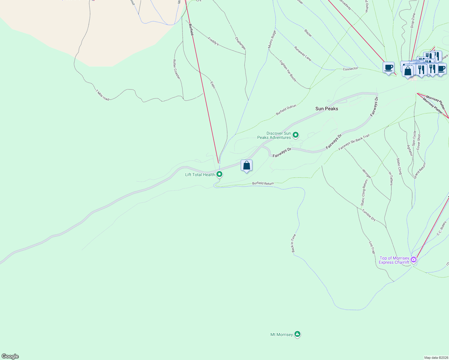 map of restaurants, bars, coffee shops, grocery stores, and more near 1416 Burfield Drive in Sun Peaks