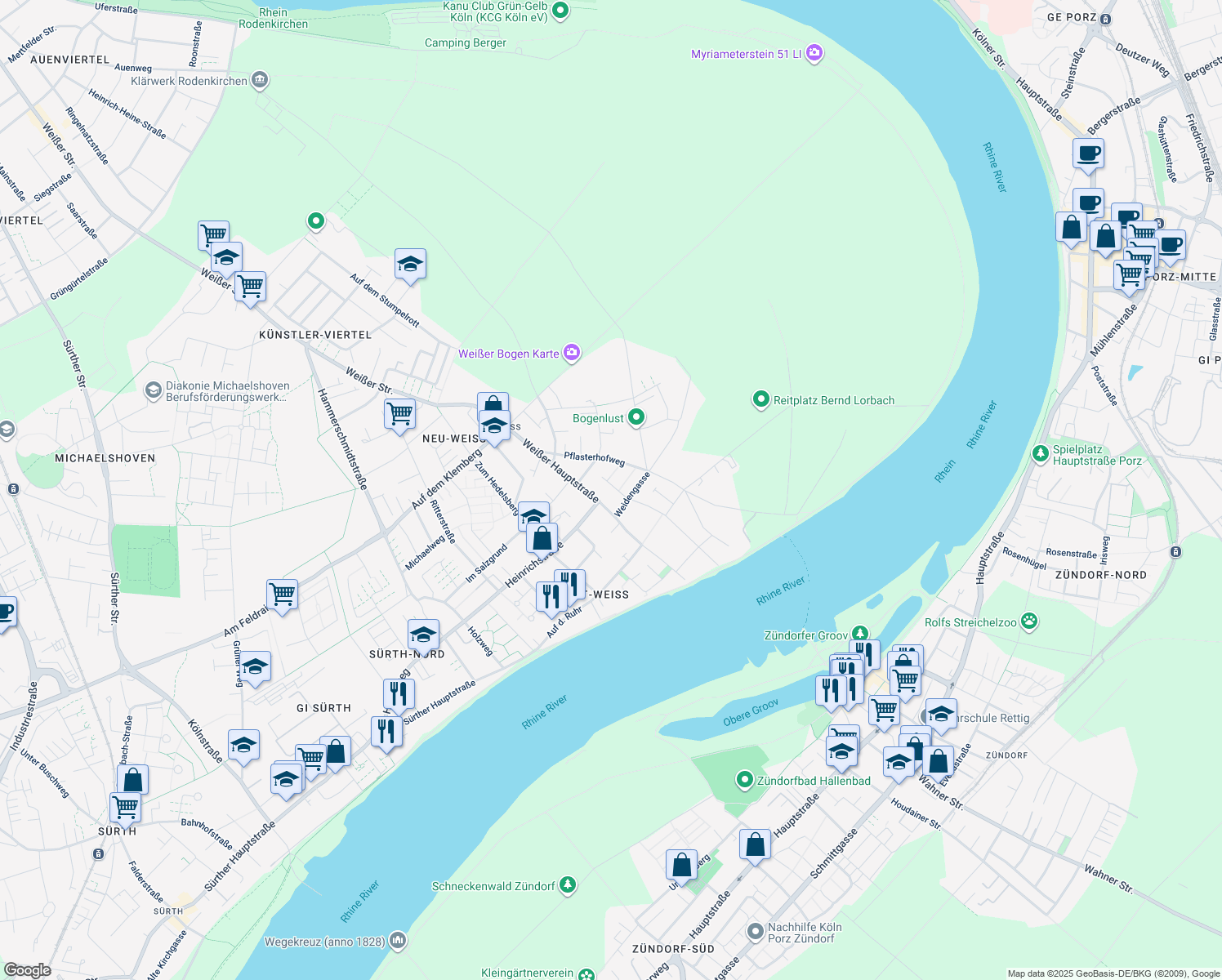 map of restaurants, bars, coffee shops, grocery stores, and more near 7 Rudolfweg in Köln