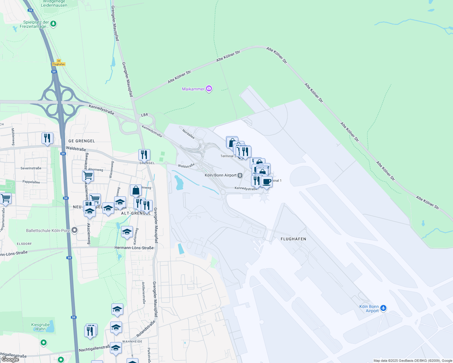 map of restaurants, bars, coffee shops, grocery stores, and more near 14 Kennedystraße in Köln