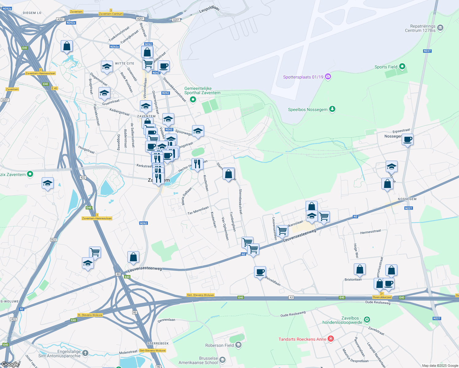 map of restaurants, bars, coffee shops, grocery stores, and more near in Zaventem