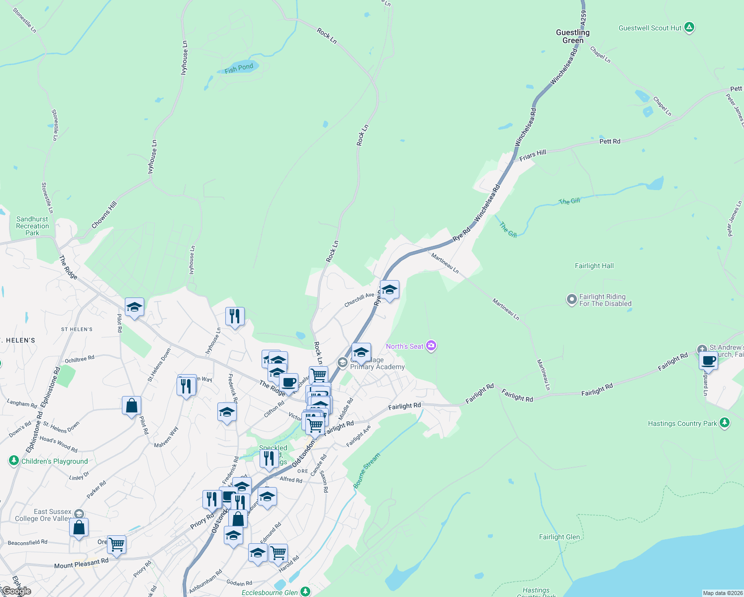 map of restaurants, bars, coffee shops, grocery stores, and more near 93 Rye Road in East Sussex