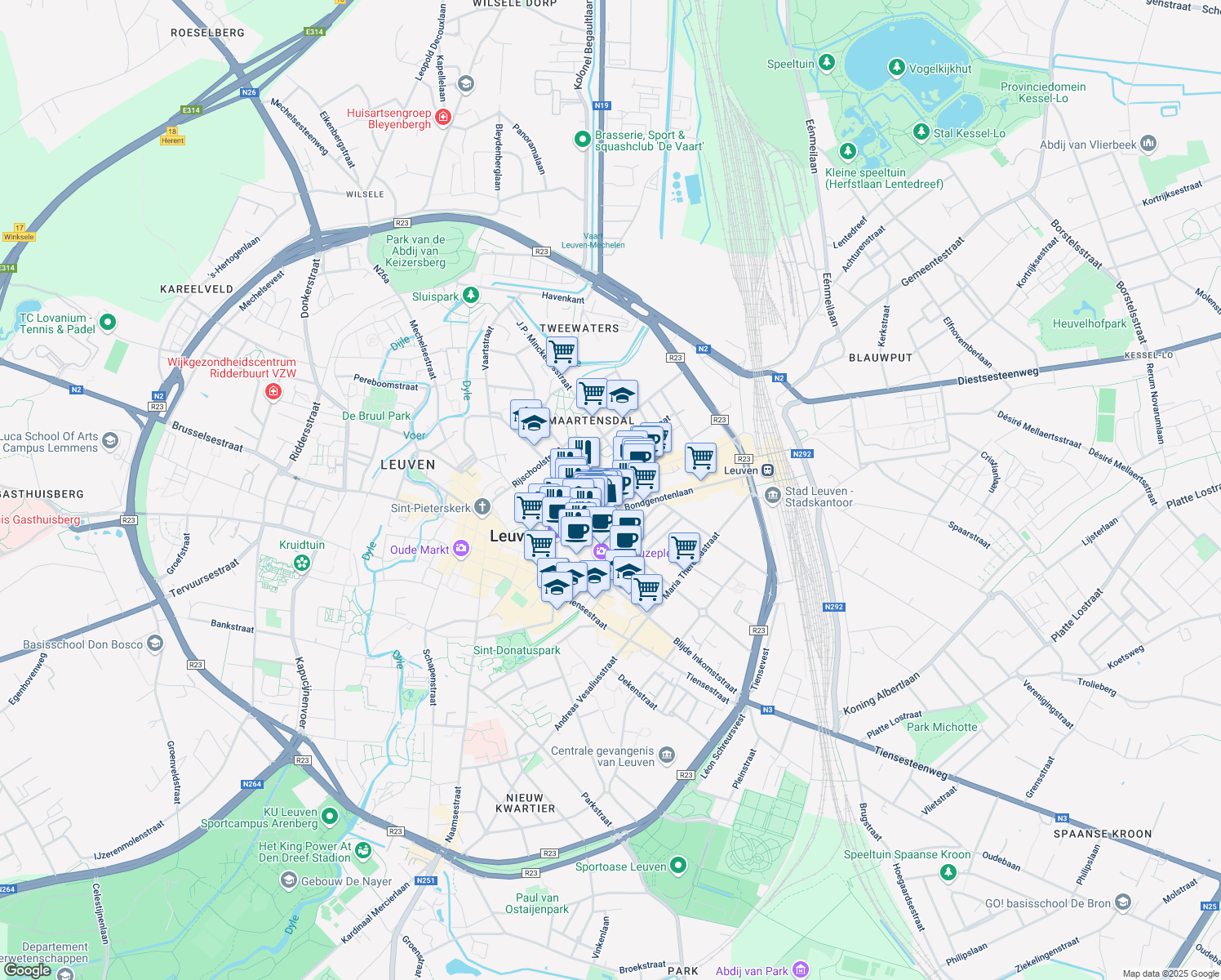 map of restaurants, bars, coffee shops, grocery stores, and more near Diestsestraat in Leuven