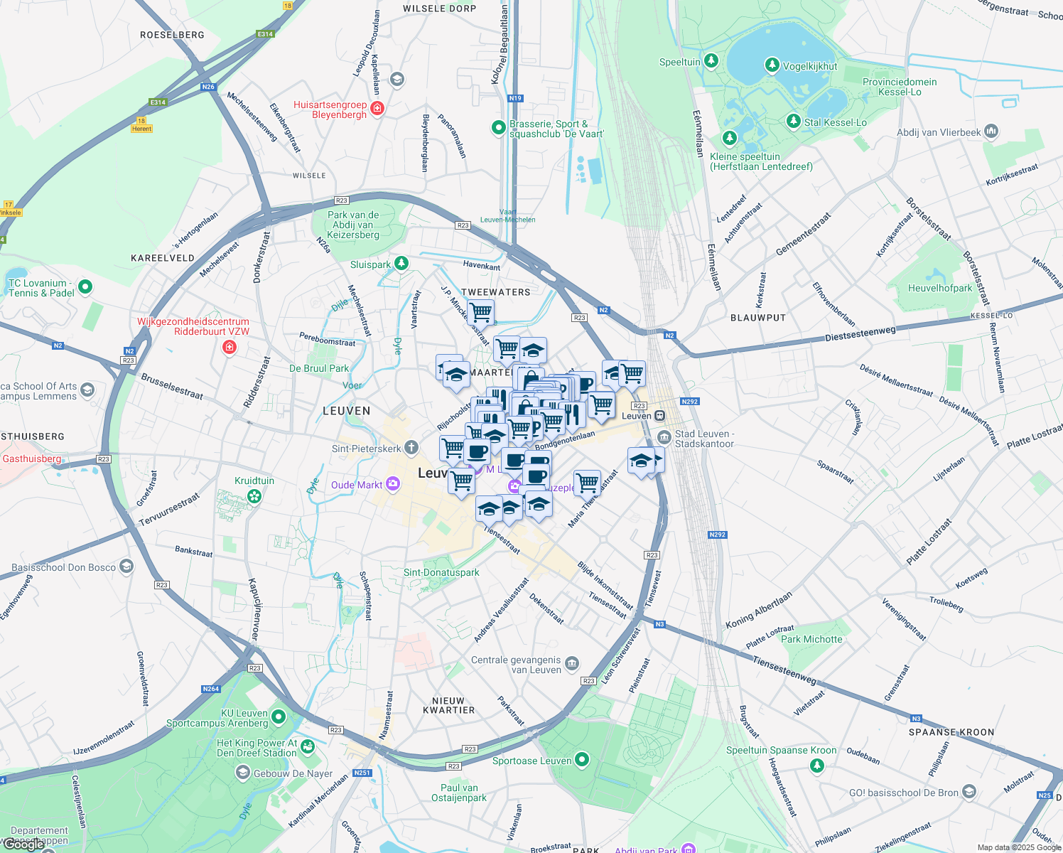 map of restaurants, bars, coffee shops, grocery stores, and more near Diestsestraat in Leuven