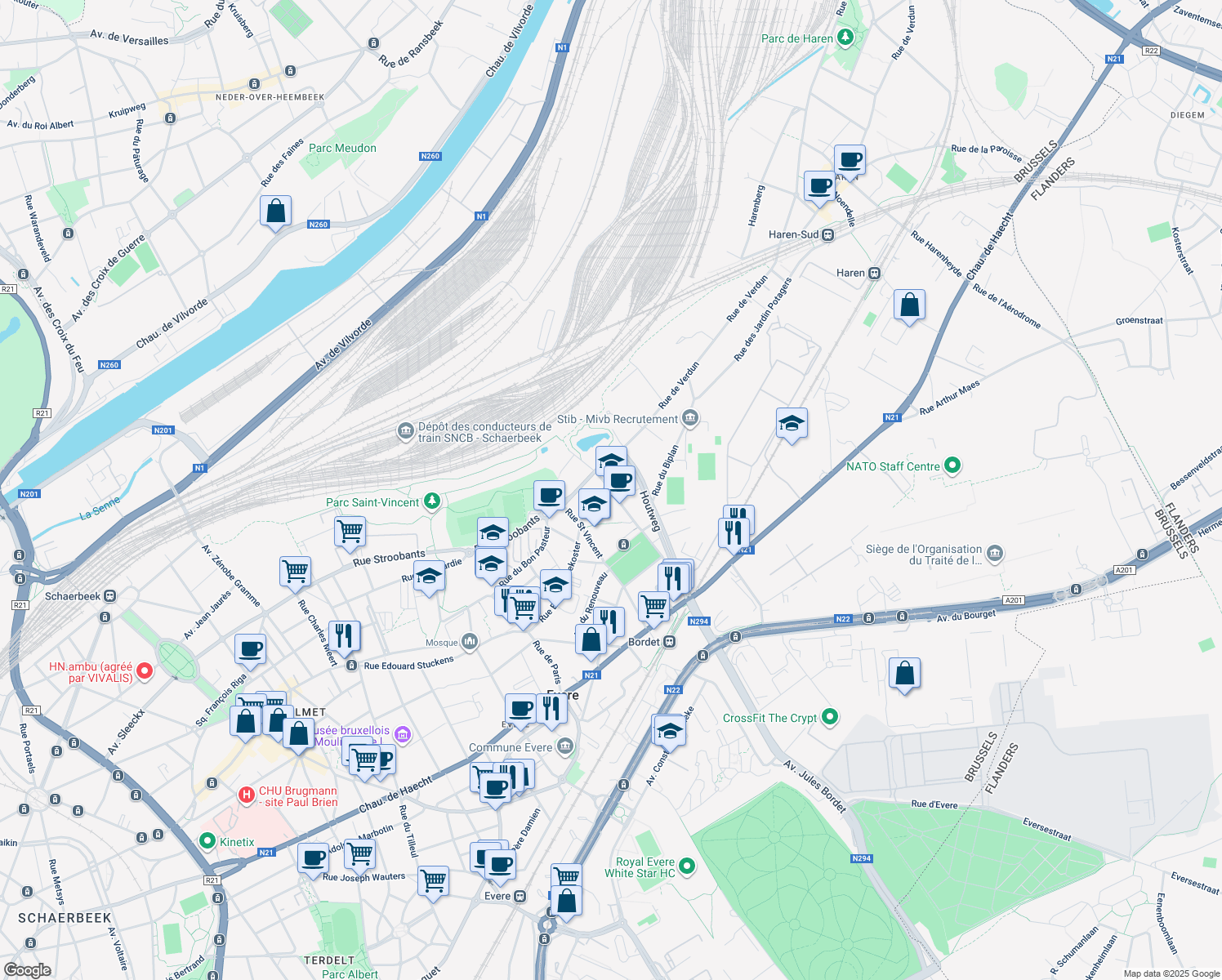 map of restaurants, bars, coffee shops, grocery stores, and more near 17 Rue Frans Van Cutsem in Evere