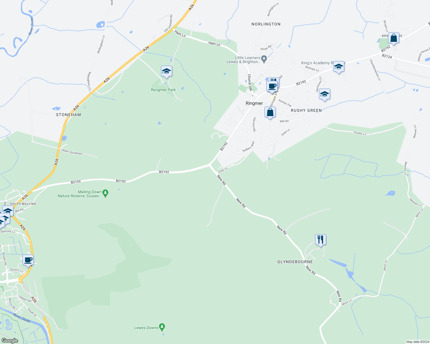 map of restaurants, bars, coffee shops, grocery stores, and more near New Road in Ringmer
