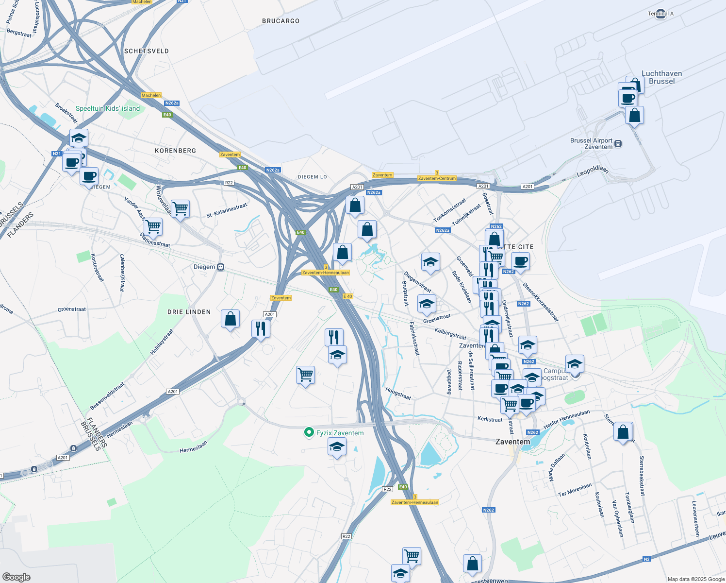 map of restaurants, bars, coffee shops, grocery stores, and more near 3 Da Vincilaan in Zaventem