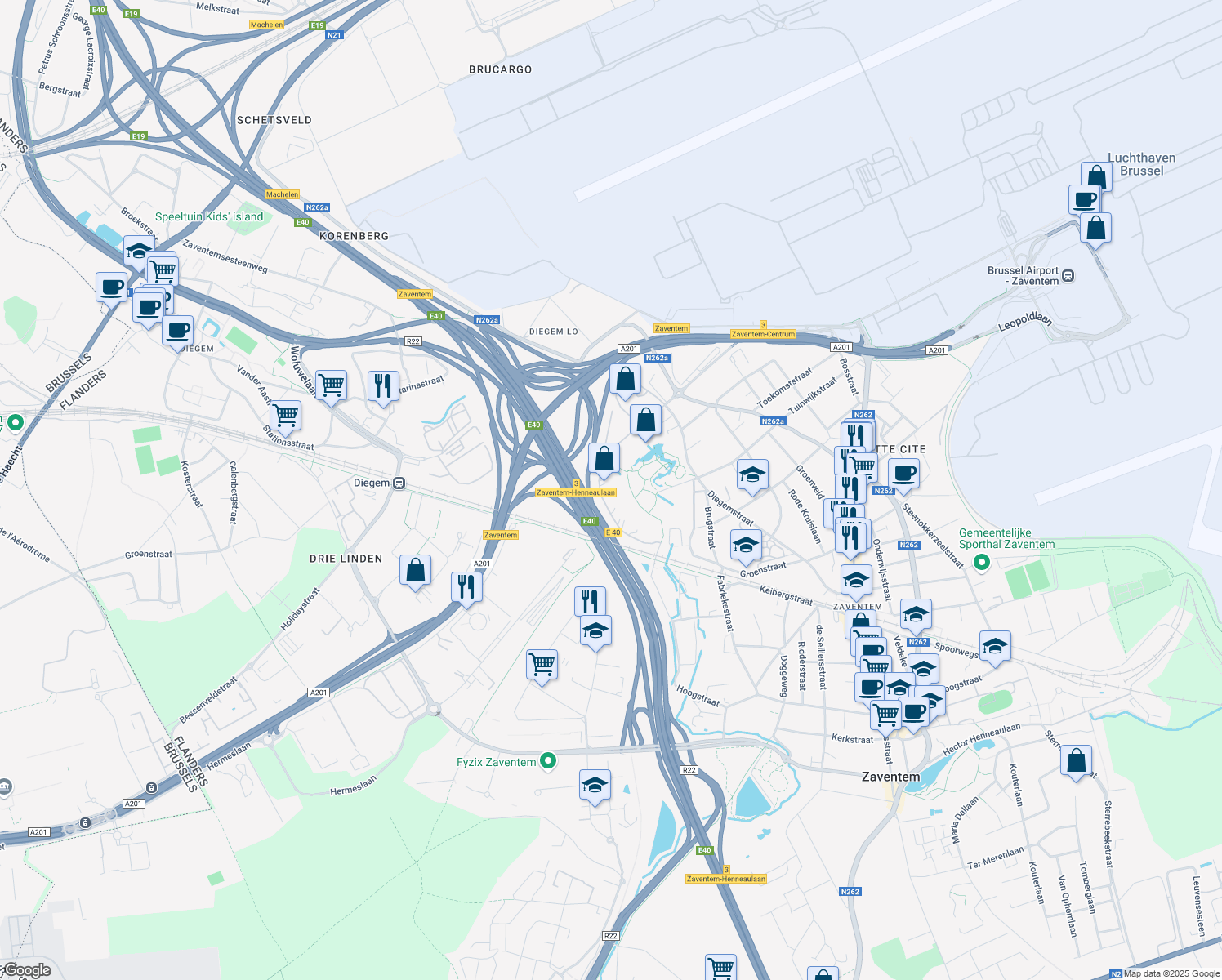 map of restaurants, bars, coffee shops, grocery stores, and more near 9 Da Vincilaan in Zaventem