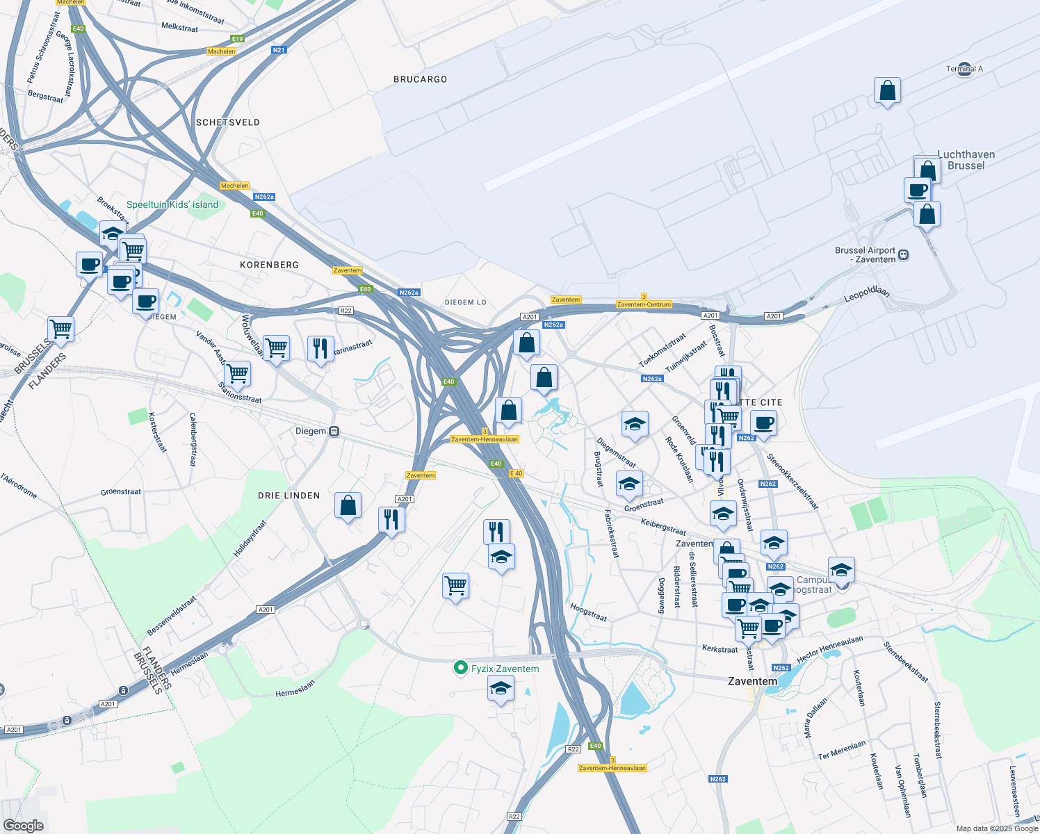map of restaurants, bars, coffee shops, grocery stores, and more near 3 Da Vincilaan in Zaventem