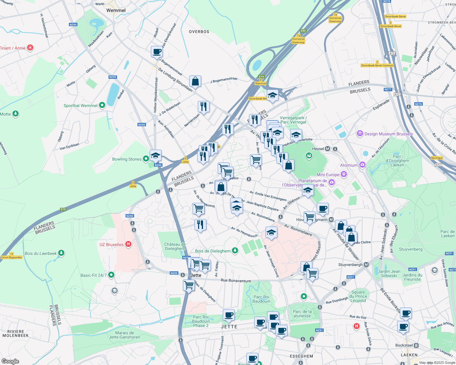 map of restaurants, bars, coffee shops, grocery stores, and more near 24 Avenue de l'Arbre Ballon in Jette