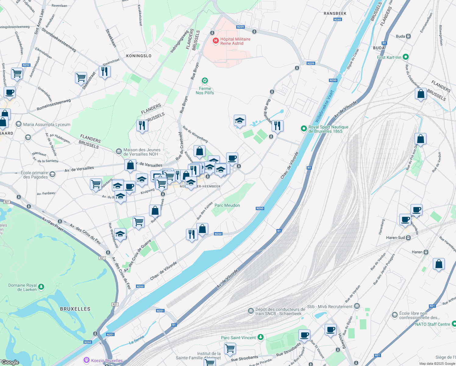 map of restaurants, bars, coffee shops, grocery stores, and more near 343 Oorlogskruisenlaan in Brussel