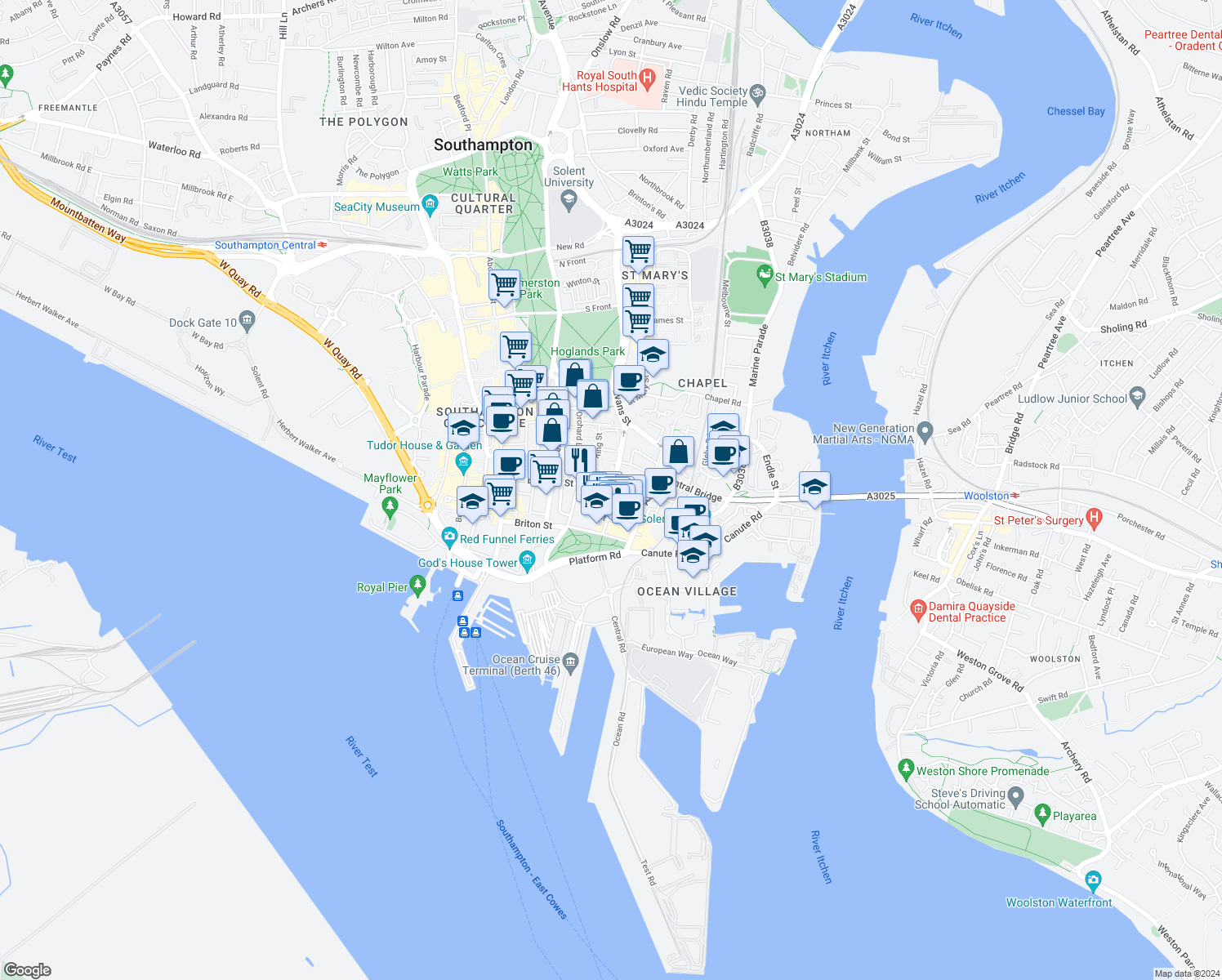 map of restaurants, bars, coffee shops, grocery stores, and more near 13 Bernard Street in Southampton