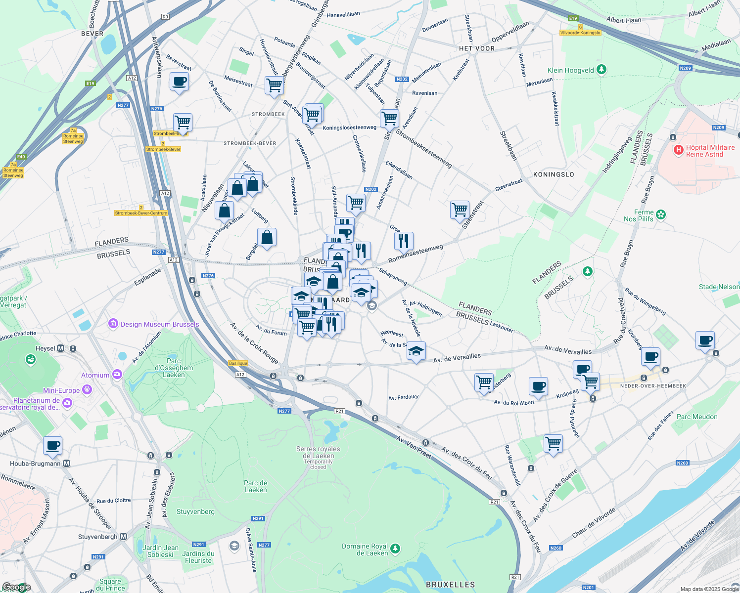 map of restaurants, bars, coffee shops, grocery stores, and more near 28 Avenue de la Bugrane in Bruxelles