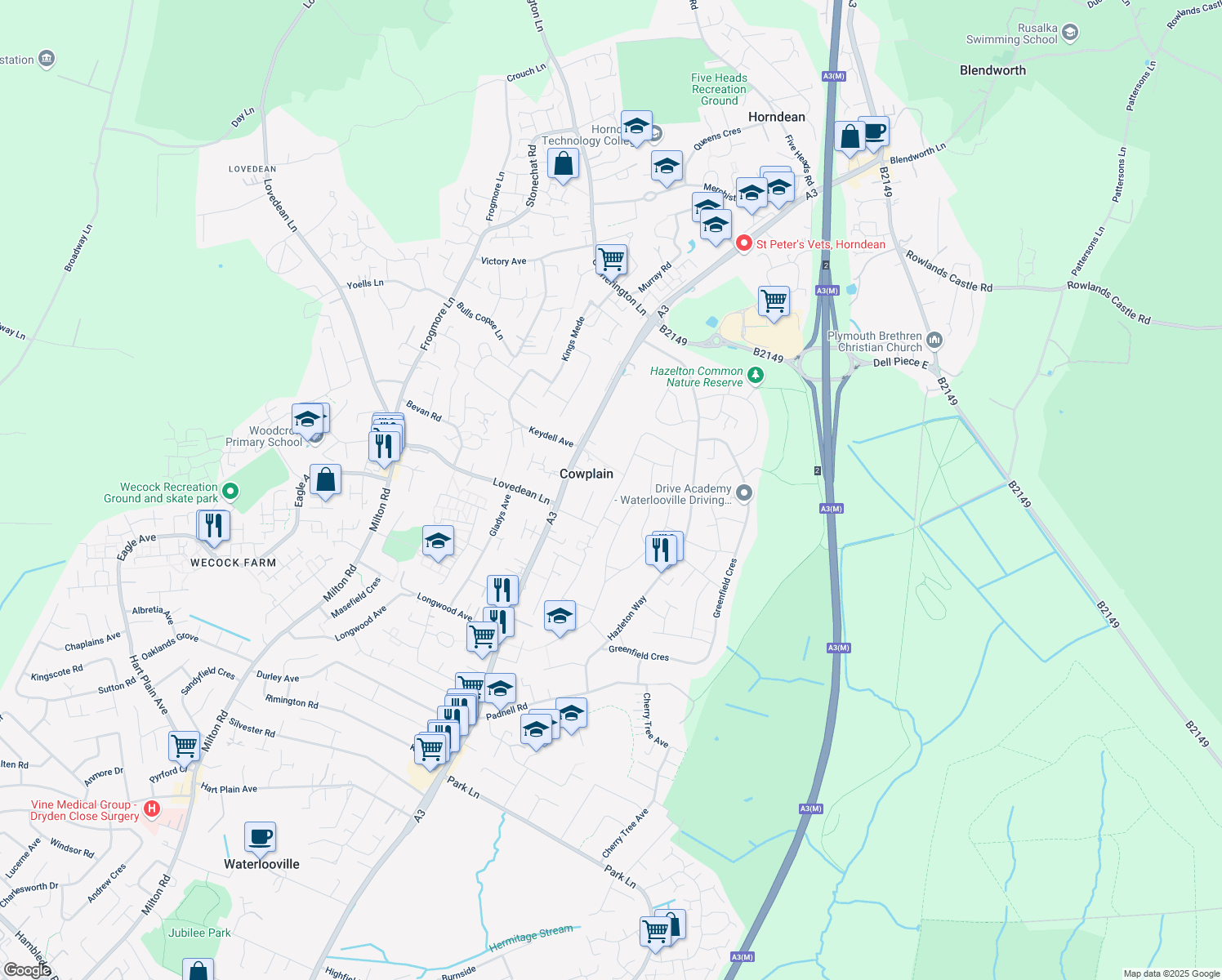 map of restaurants, bars, coffee shops, grocery stores, and more near 27 Rosemary Way in Hampshire